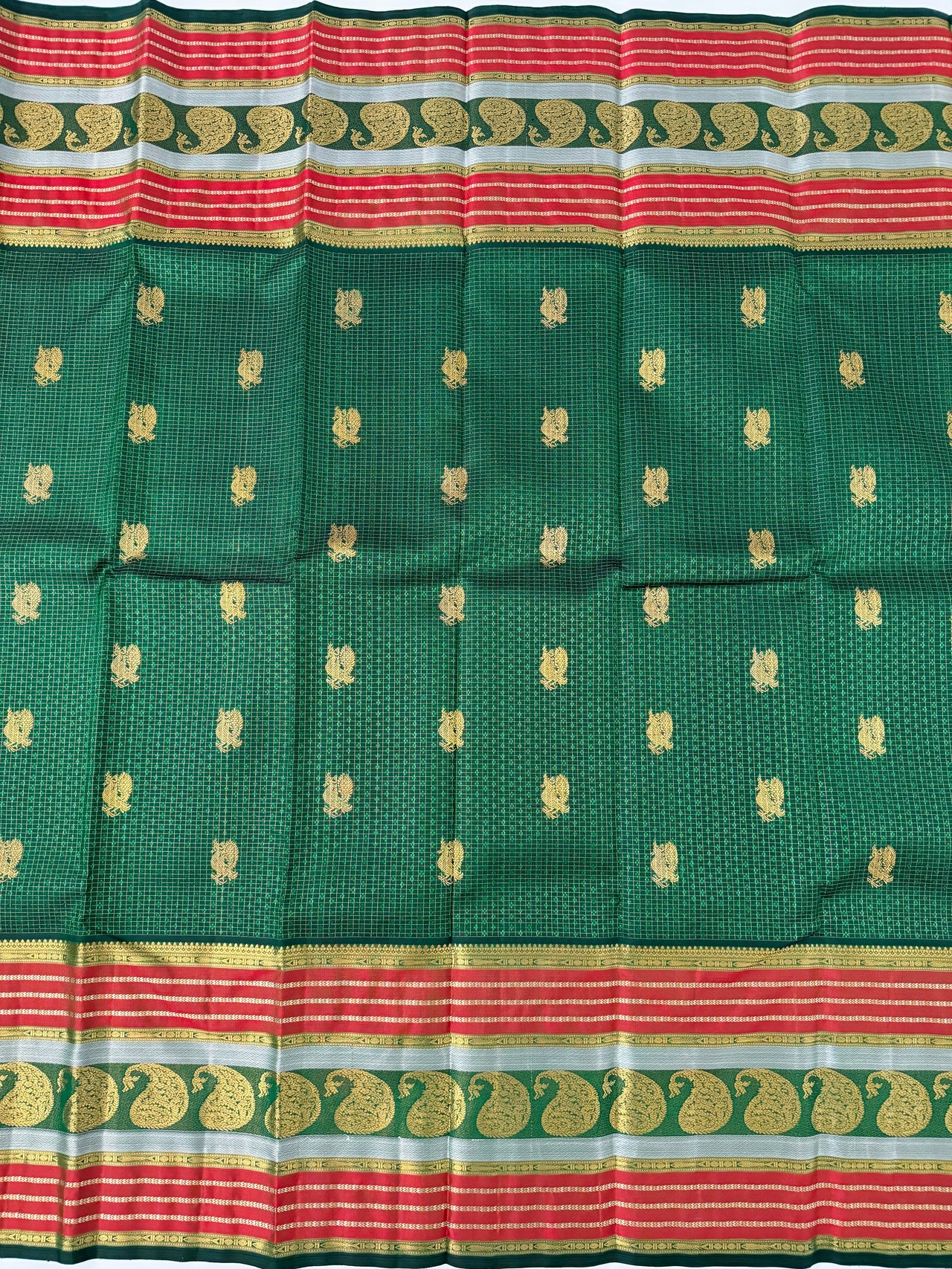 Exclusive Kanchivaram Pure Silk Pure Zari Silk Saree | Deep Green | Check Pattern | Handwoven | Ships from California