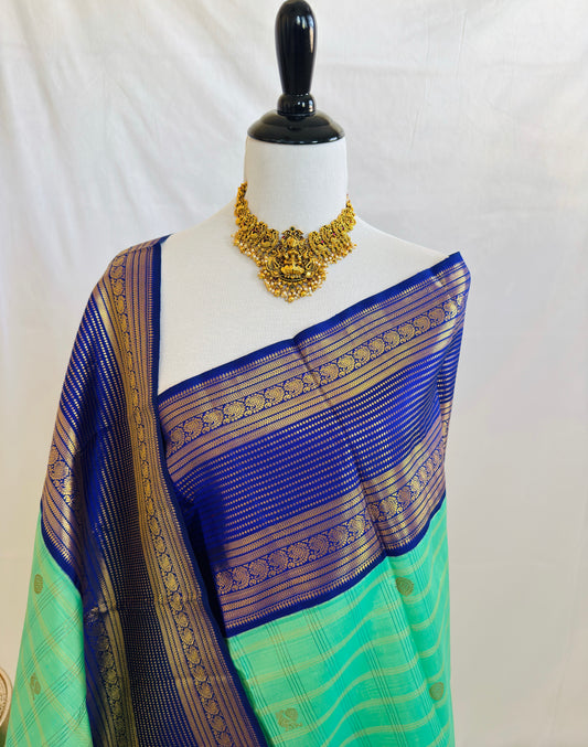 Exclusive Kanchivaram Korvai Pure Silk Pure Zari Silk Saree | Navy Blue & Light Green | Gold Zari | Handwoven | Ships from California