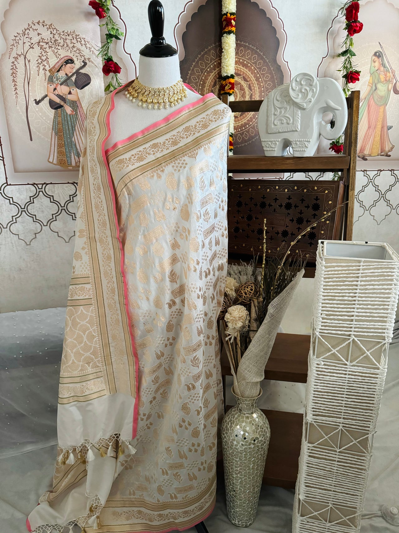 Banarasi Katan Silk Saree | Off-White | Gold Zari | Handwoven | Silk Mark Certified | Ships from California