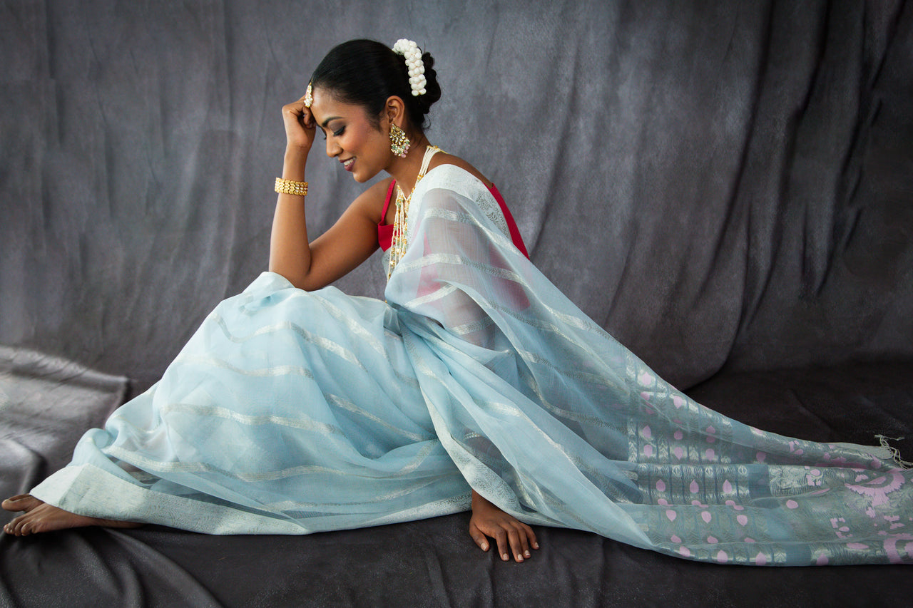 ShopNaya Exclusive | Handwoven | Silk Organza | Pastel Blue & Pink | Silver Zari | Ships from California