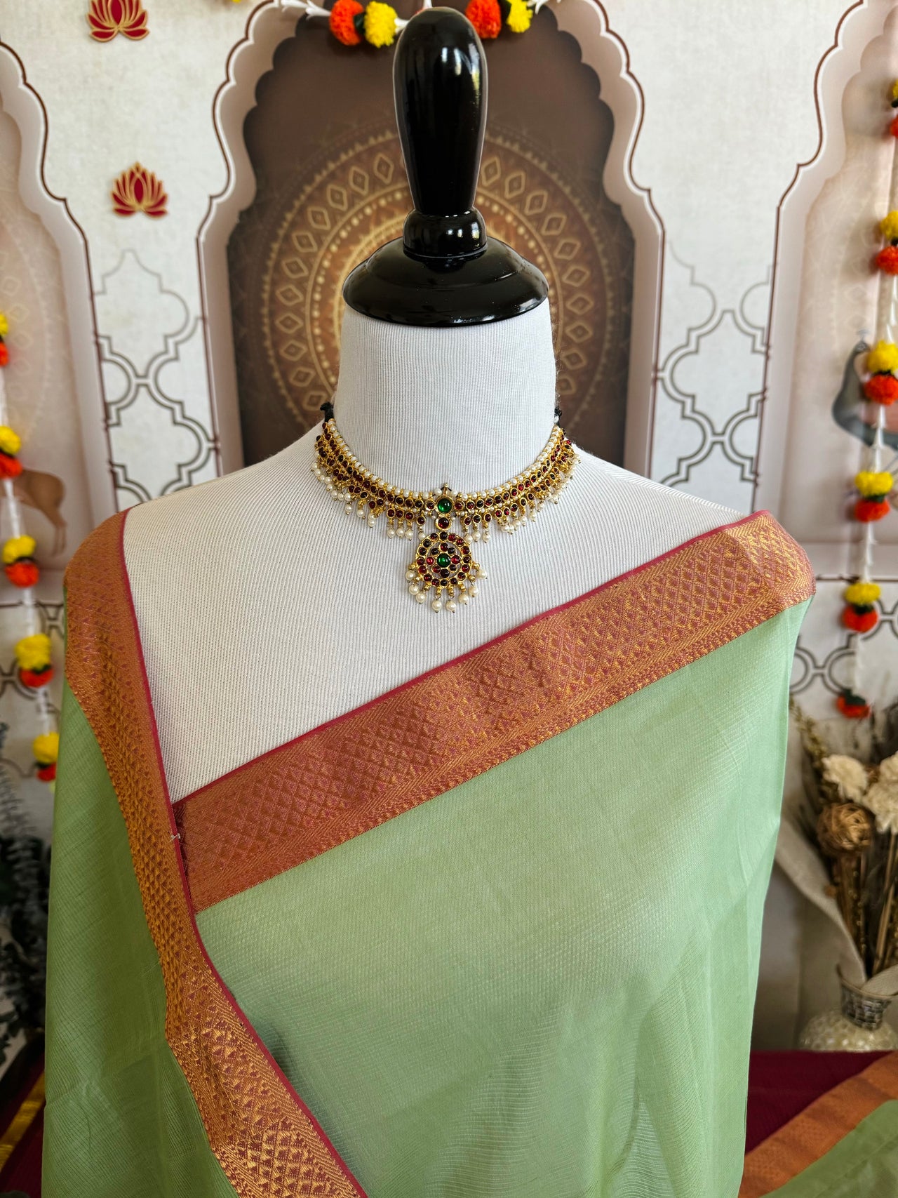 Handwoven Mangalgiri Cotton Saree | Light Green Yellow | Gold Zari | Handwoven | Ships from California