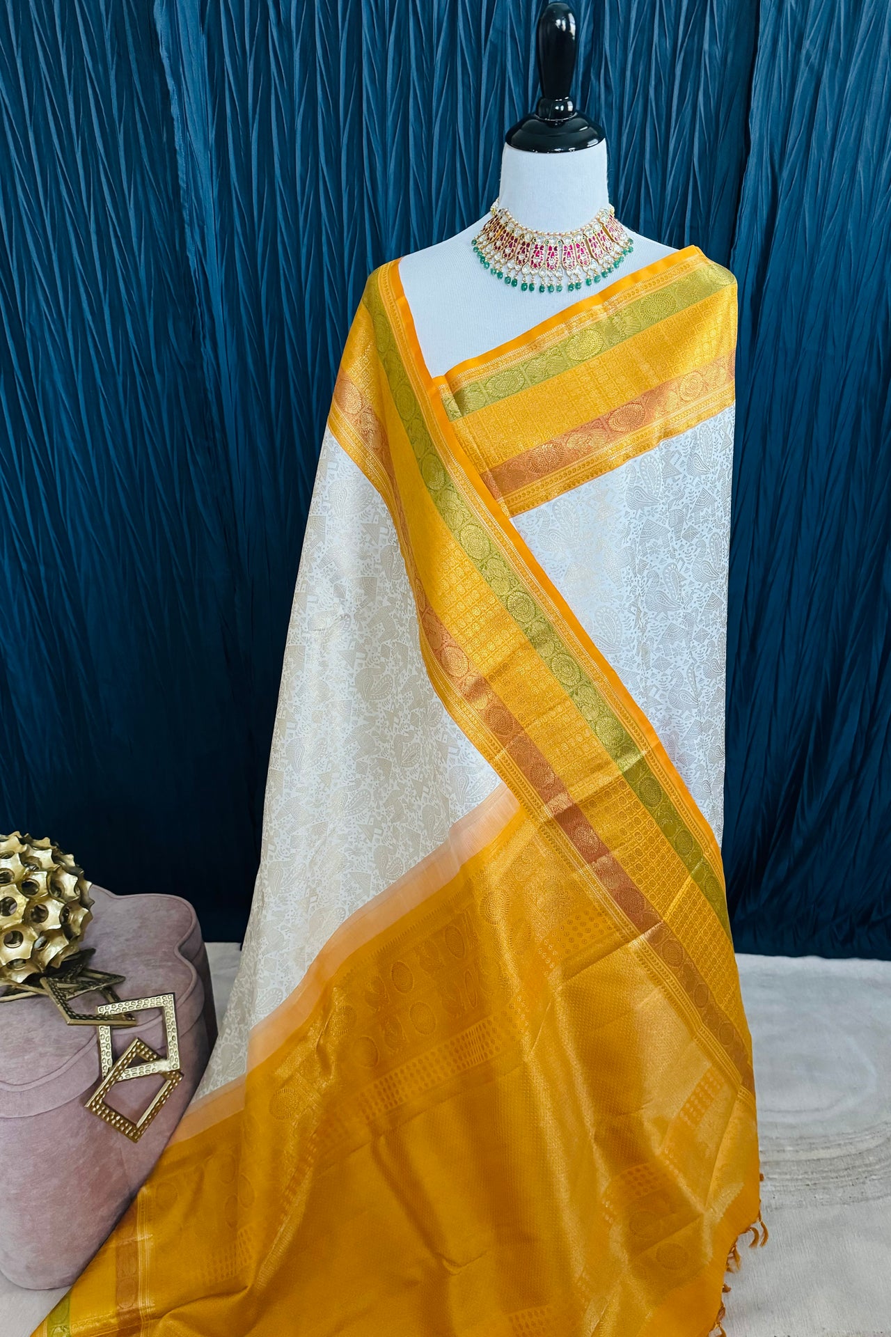 Exclusive Tribal Art Kanchivaram Korvai Pure Silk Pure Zari Silk Saree | Warli Inspired | Off-White | Handwoven | Ships from California