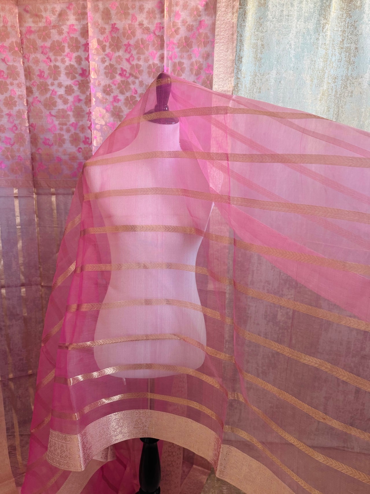 ShopNaya Exclusive | Handwoven | Silk Organza | Pink | Gold Zari | Ships from California