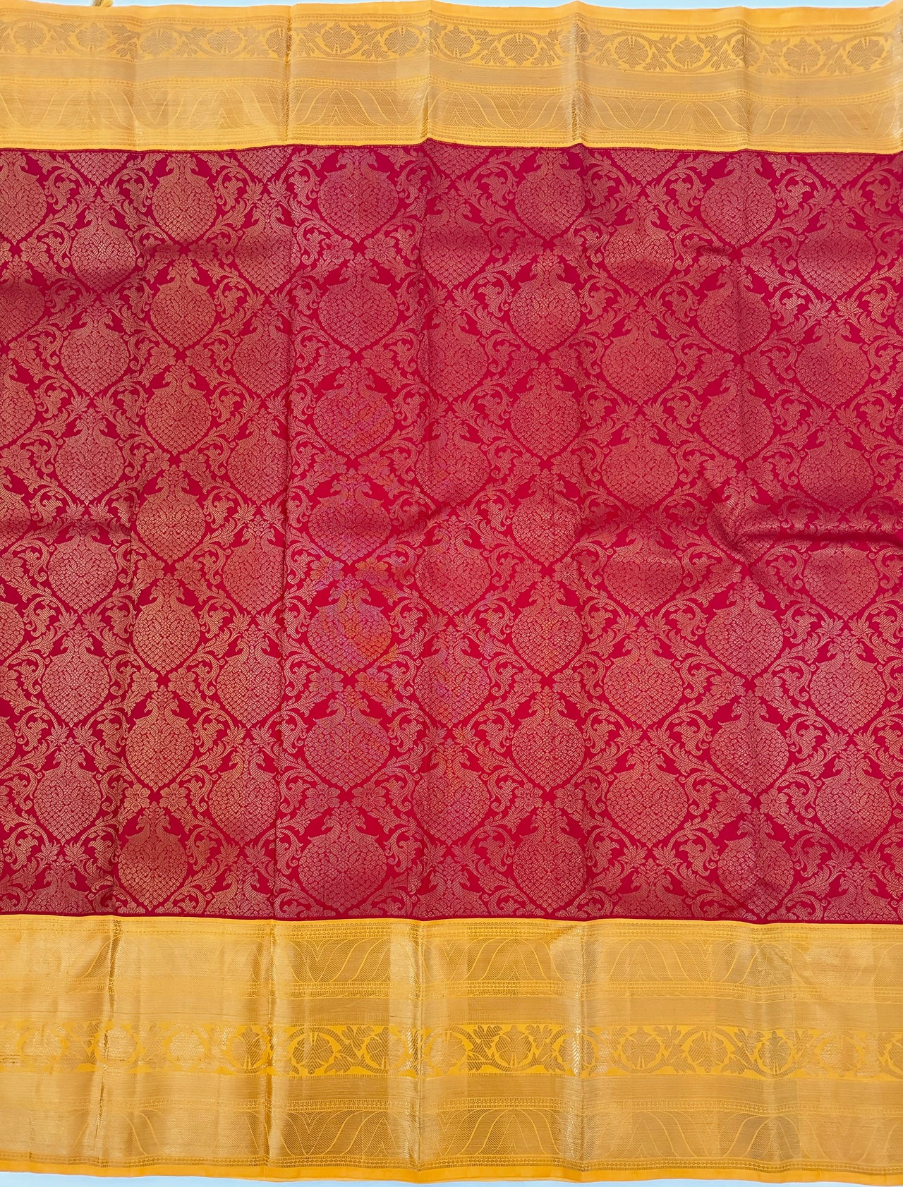 Exclusive Kanchivaram Brocade Korvai Pure Silk Pure Zari Silk Saree | Red & Yellow | Gold Zari | Handwoven | Ships from California