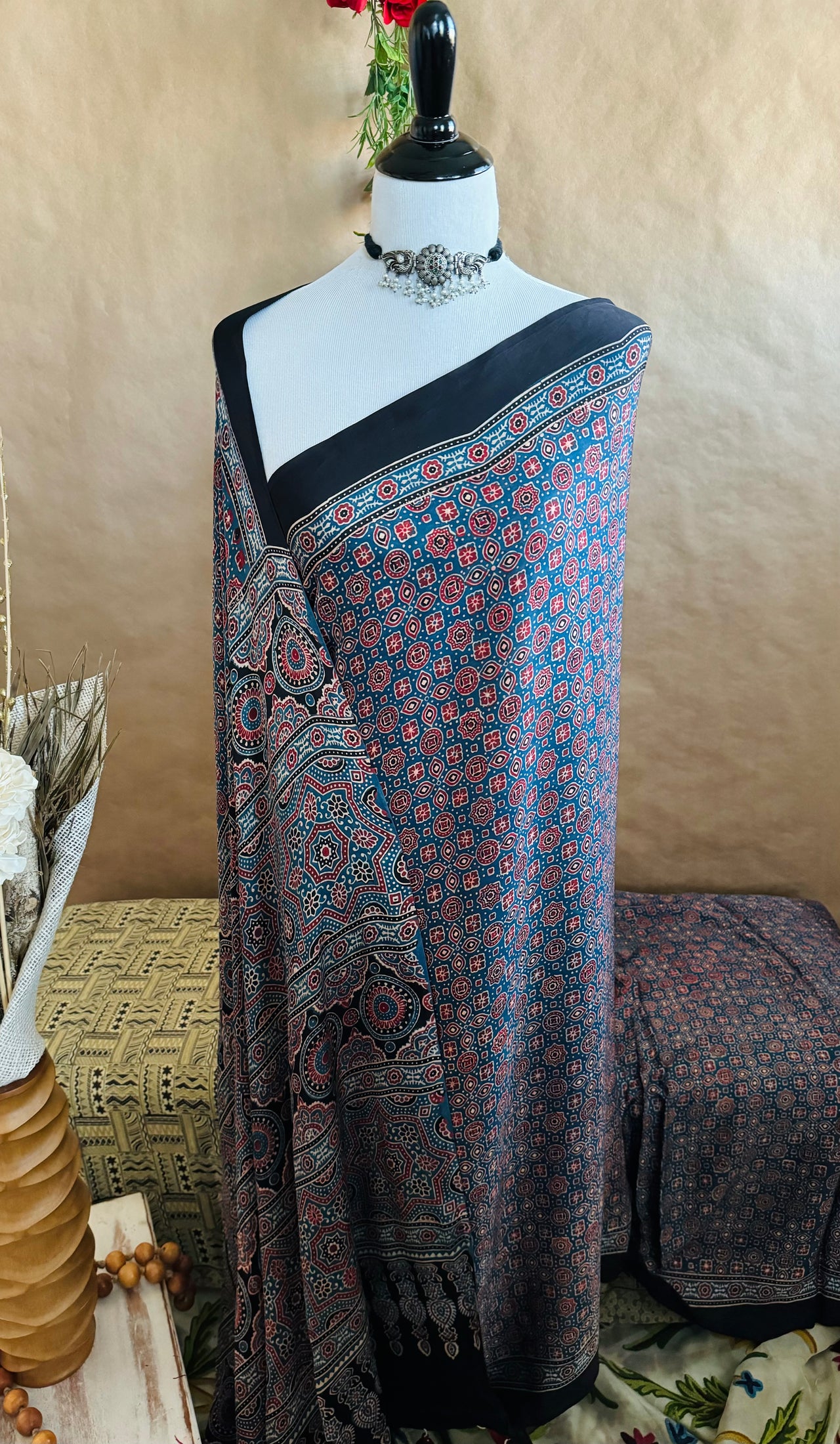 Ajrakh hand block printed modal silk saree | Blue | Ships from California