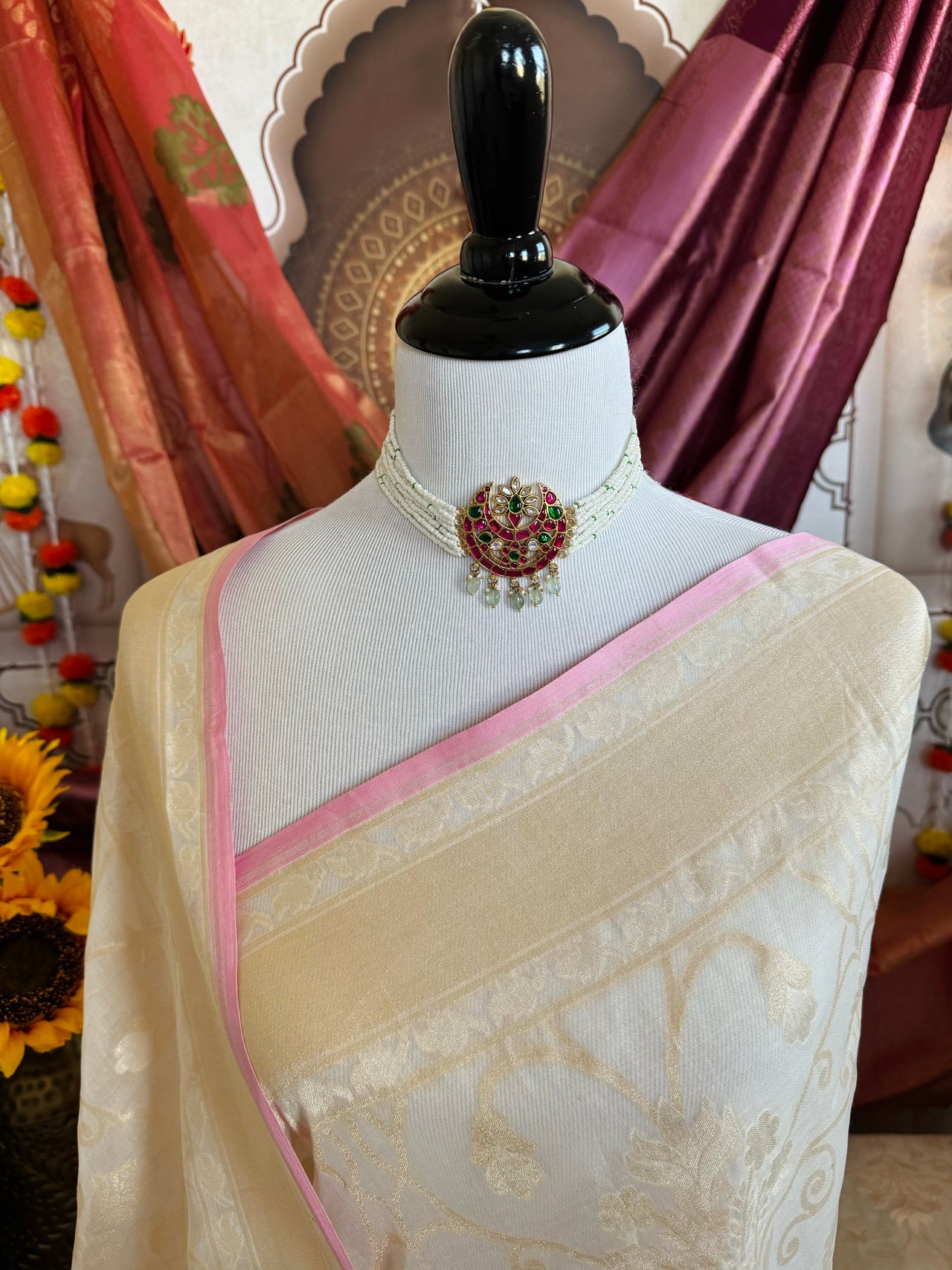 Banarasi Pure Cotton Saree | Off-White | Gold Zari | Handwoven | Ships from California