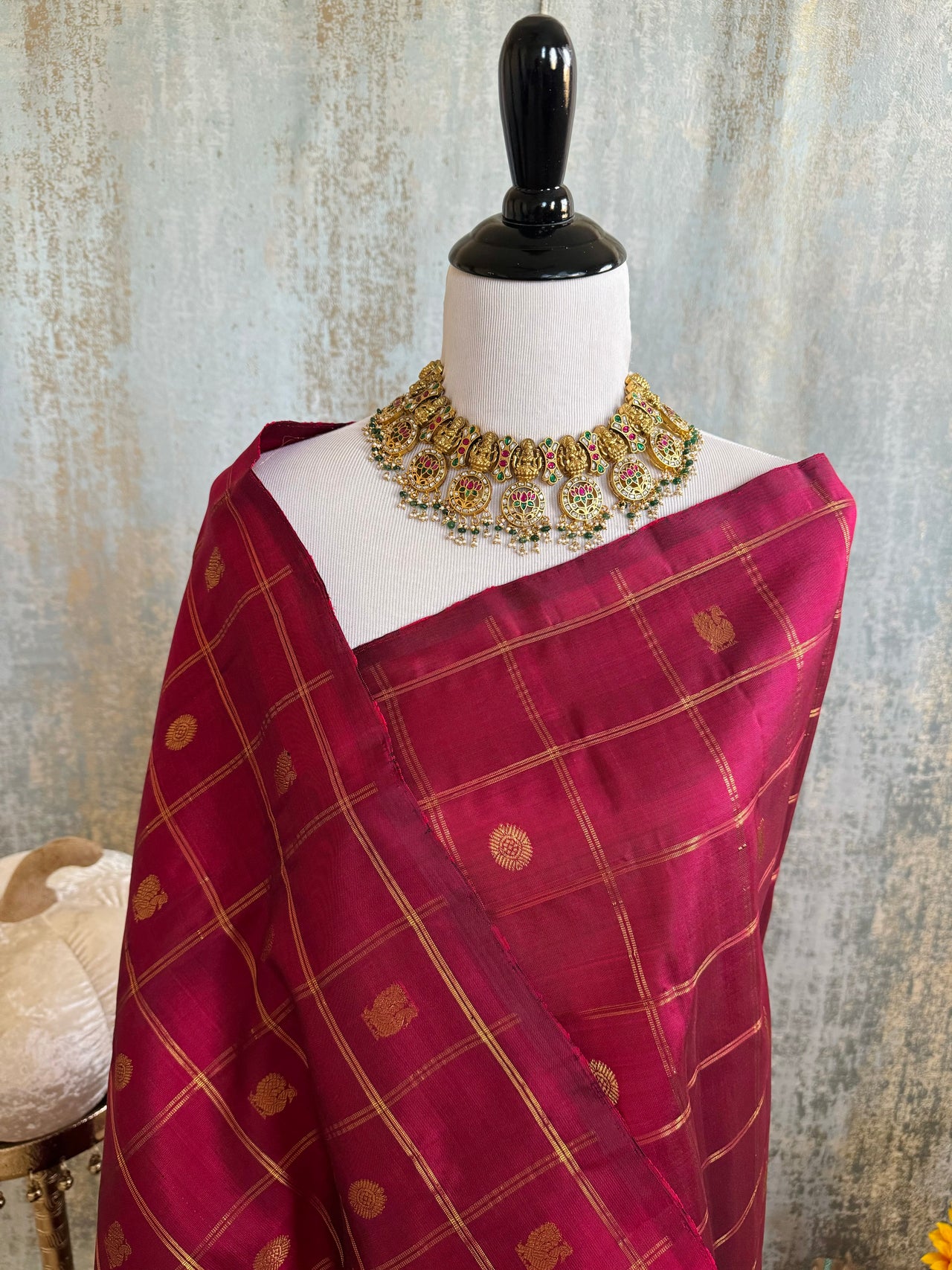 Borderless Kanchivaram Korvai Pure Silk Pure Zari Silk Saree | Maroon & Turquoise | Gold Zari | Handwoven | Ships from California