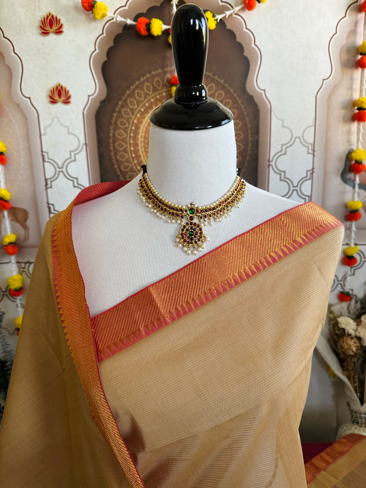 Handwoven Mangalgiri Cotton Saree | Beige | Gold Zari | Handwoven | Ships from California