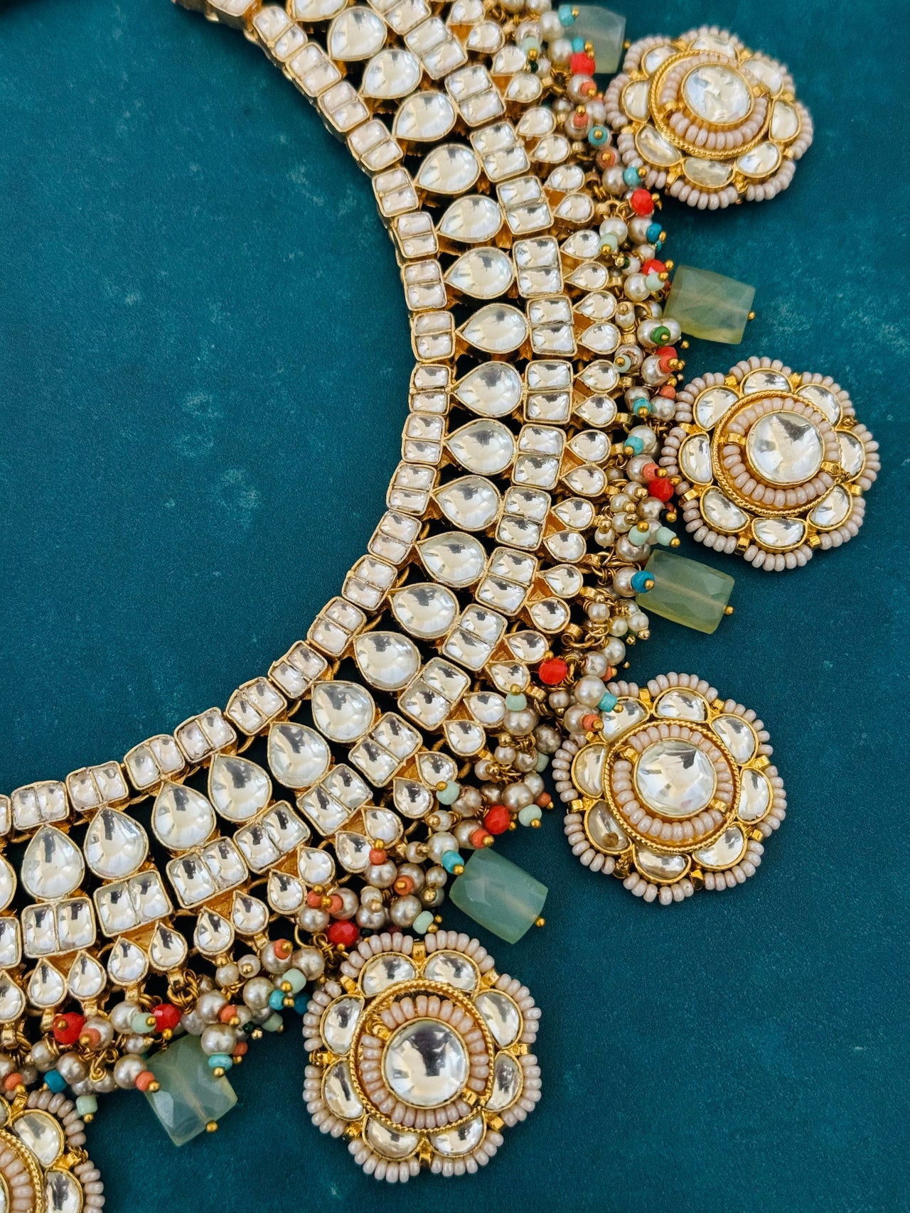 Ahmedabadi Kundan Jewelry Set | Semi-Precious Stones | Brass Base | Gold Plated | Silver Foil | Free Shipping | Ships from California