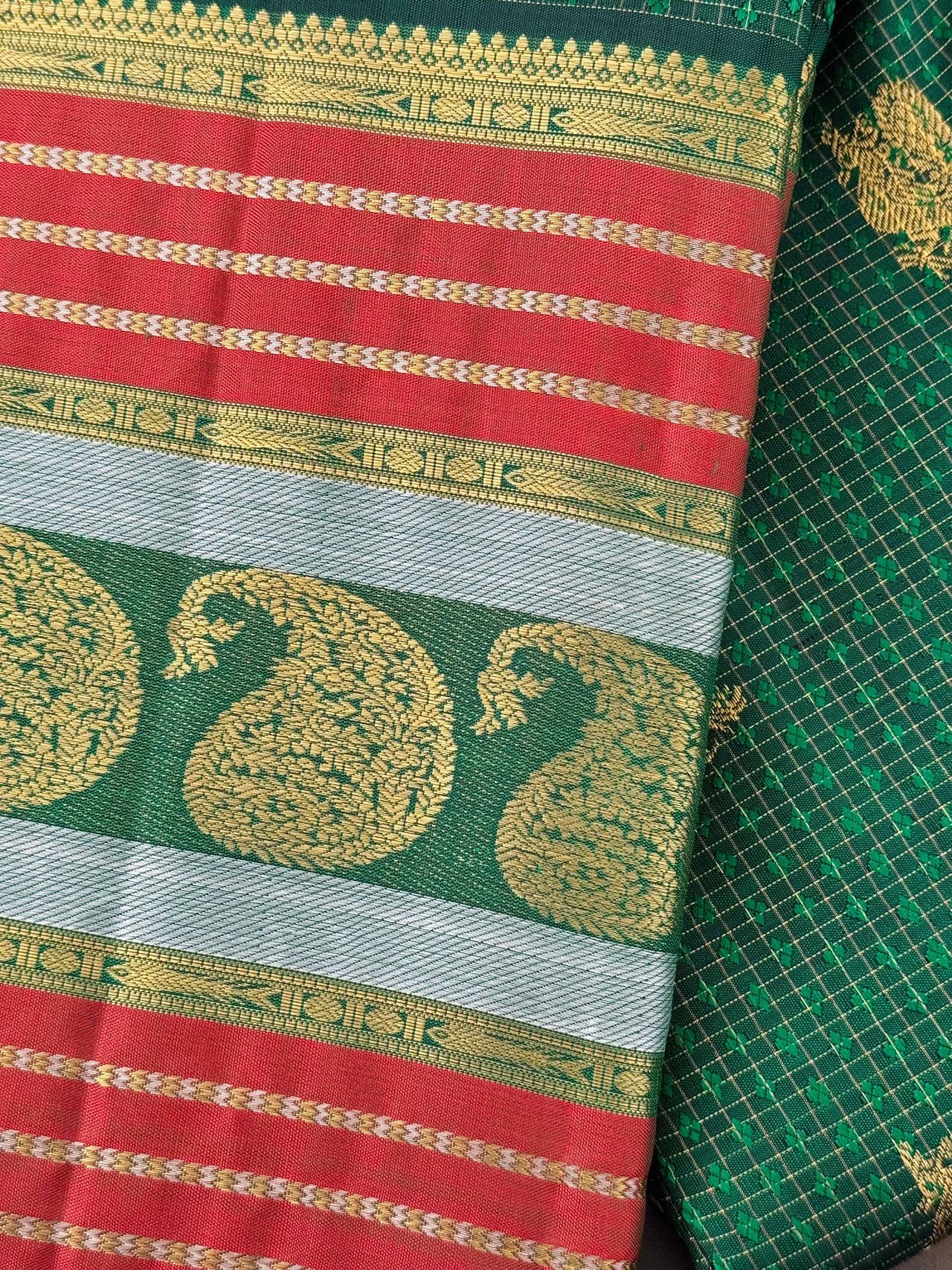 Exclusive Kanchivaram Pure Silk Pure Zari Silk Saree | Deep Green | Check Pattern | Handwoven | Ships from California