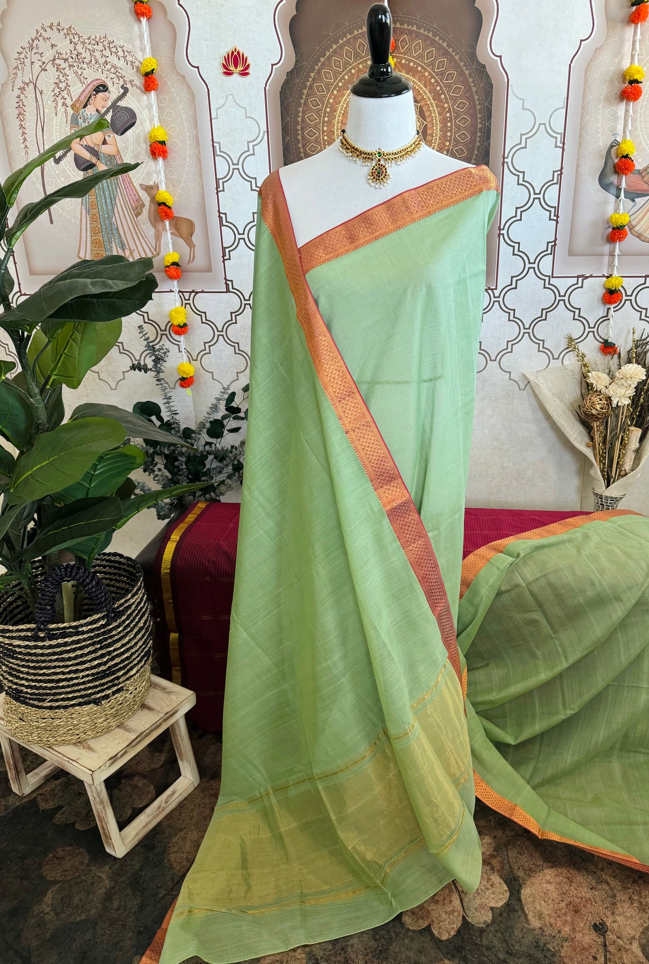 Handwoven Mangalgiri Cotton Saree | Light Green Yellow | Gold Zari | Handwoven | Ships from California