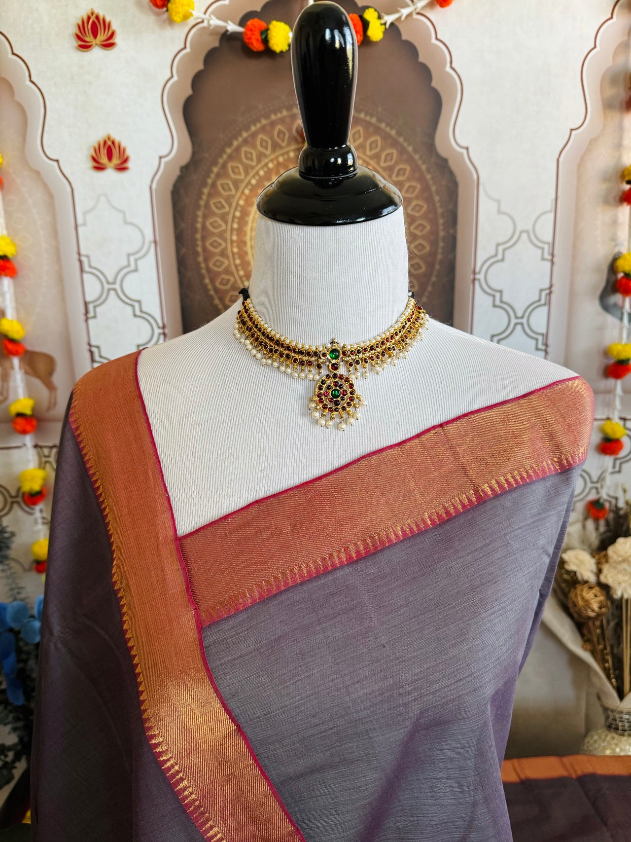 Handwoven Mangalgiri Cotton Saree | Gray & Purple Mix | Gold Zari | Handwoven | Ships from California