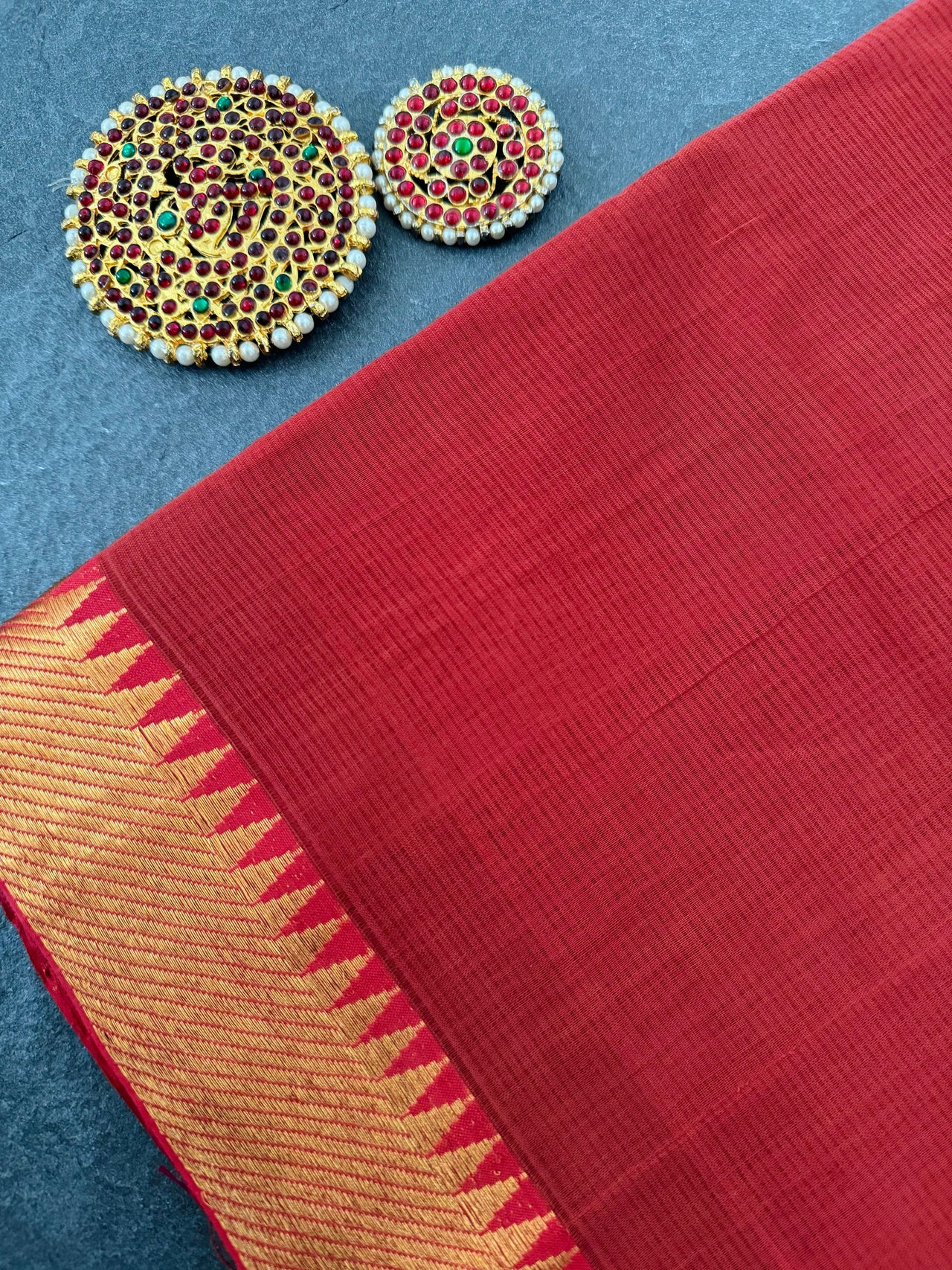 Handwoven Mangalgiri Cotton Saree | Brick Red | Gold Zari | Handwoven | Ships from California