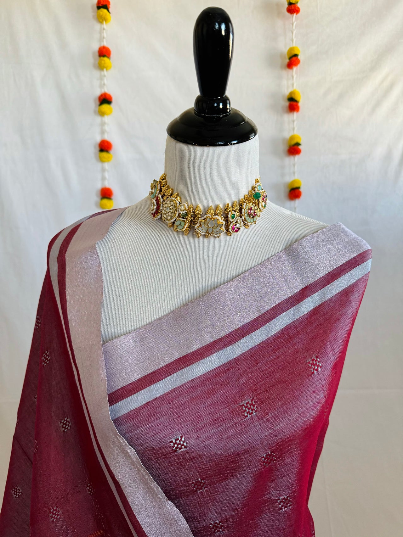 ShopNaya Exclusive | Handwoven | Cotton & Zari Mix Saree | Basket Weave | No Blouse | Metallic Reddish Pink | Silver Zari | Ships from California