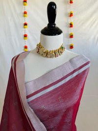 Thumbnail for ShopNaya Exclusive | Handwoven | Cotton & Zari Mix Saree | Basket Weave | No Blouse | Metallic Reddish Pink | Silver Zari | Ships from California