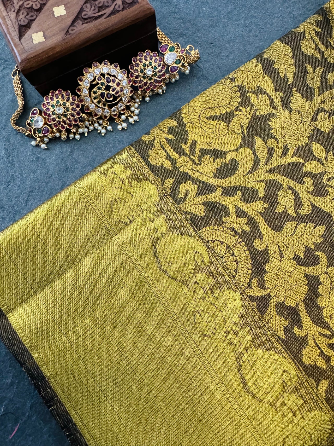 ShopNaya Exclusive | Brocade Kanchipuram Pure Silk Saree | Metallic Black | Pure Gold Zari | Handwoven | Ships from California