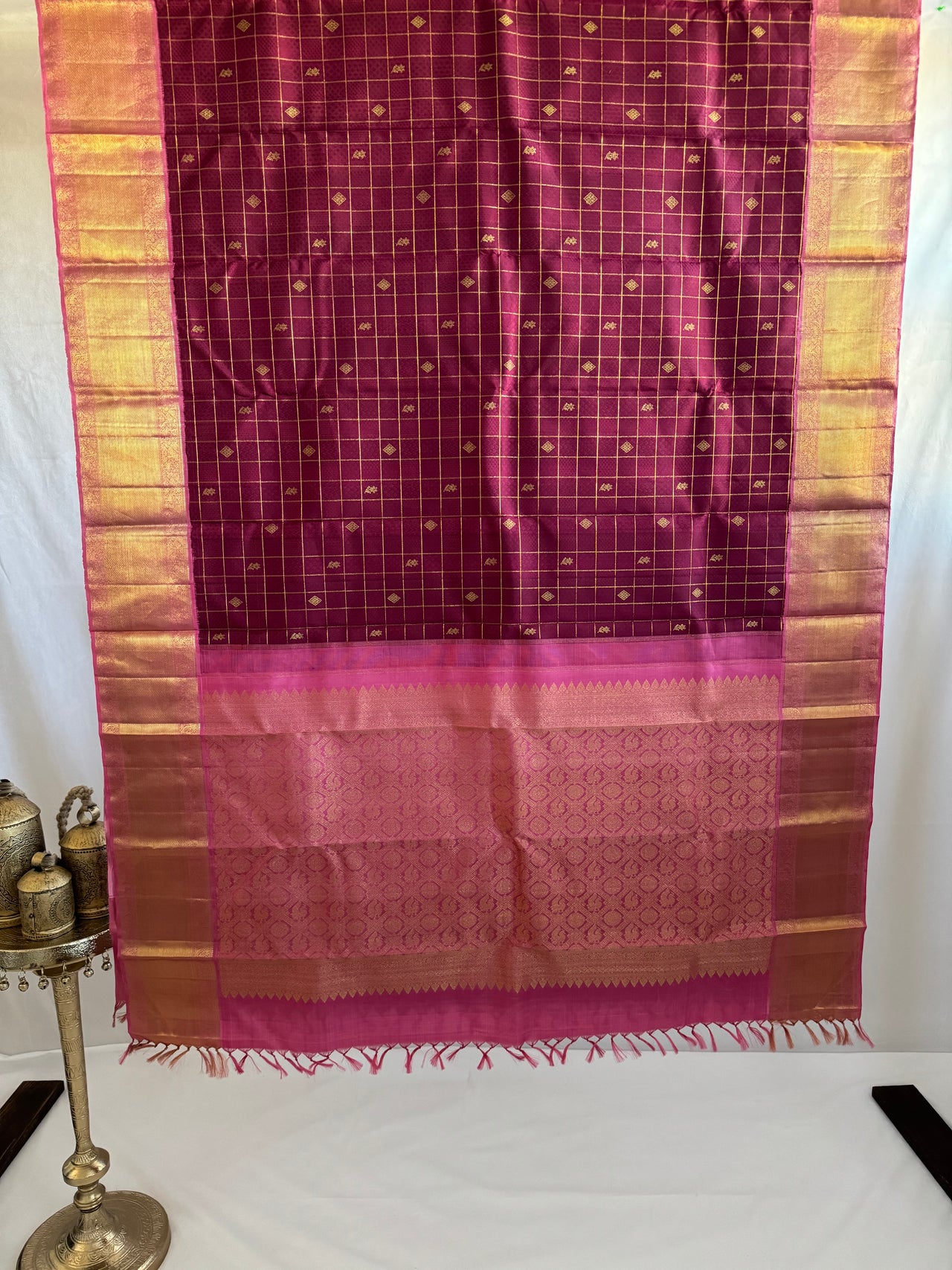 Exclusive Kanchivaram Korvai Pure Silk Pure Zari Silk Saree | Wine & Pink | Gold Zari | Handwoven | Ships from California