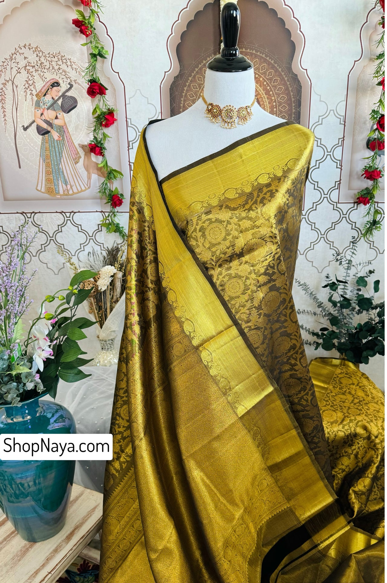 ShopNaya Exclusive | Brocade Kanchipuram Pure Silk Saree | Metallic Black | Pure Gold Zari | Handwoven | Ships from California