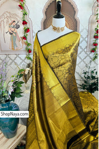 Thumbnail for ShopNaya Exclusive | Brocade Kanchipuram Pure Silk Saree | Metallic Black | Pure Gold Zari | Handwoven | Ships from California