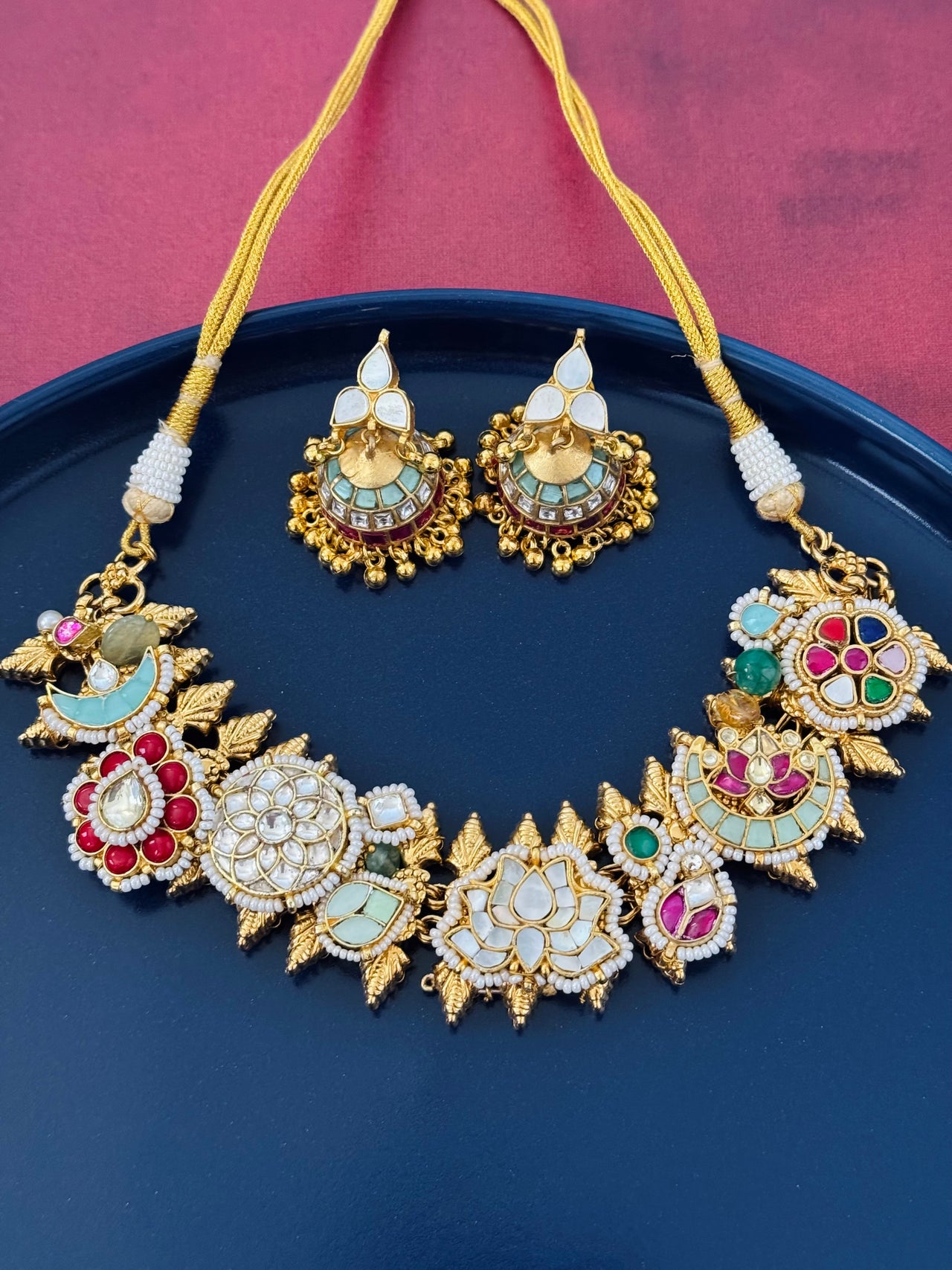 Ahmedabadi Kundan Fusion Necklace Set | Semi-Precious Stones | Brass Base | Gold Plated | Silver Foil | Free Shipping | Ships from California