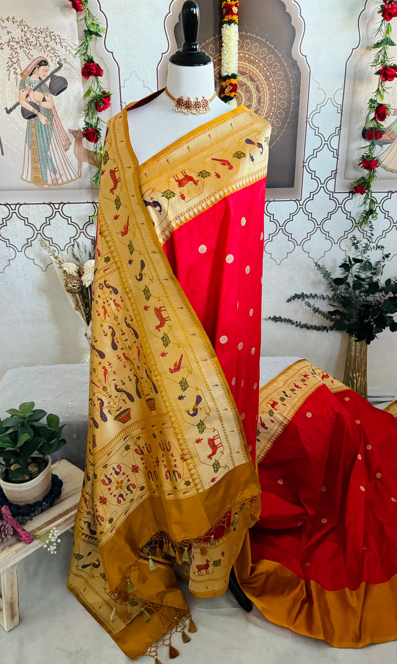 Banarasi Katan Silk Paithani Saree | Red | Handwoven | Silk Mark Certified | Ships from California