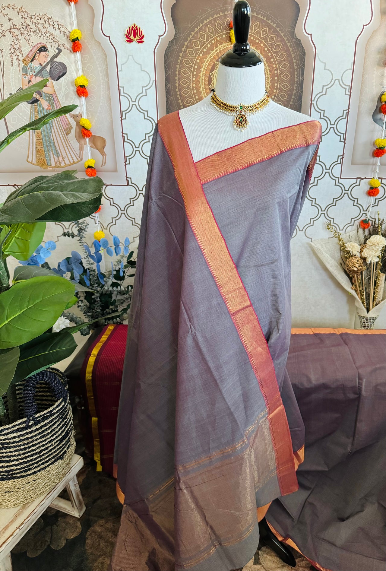 Handwoven Mangalgiri Cotton Saree | Gray & Purple Mix | Gold Zari | Handwoven | Ships from California