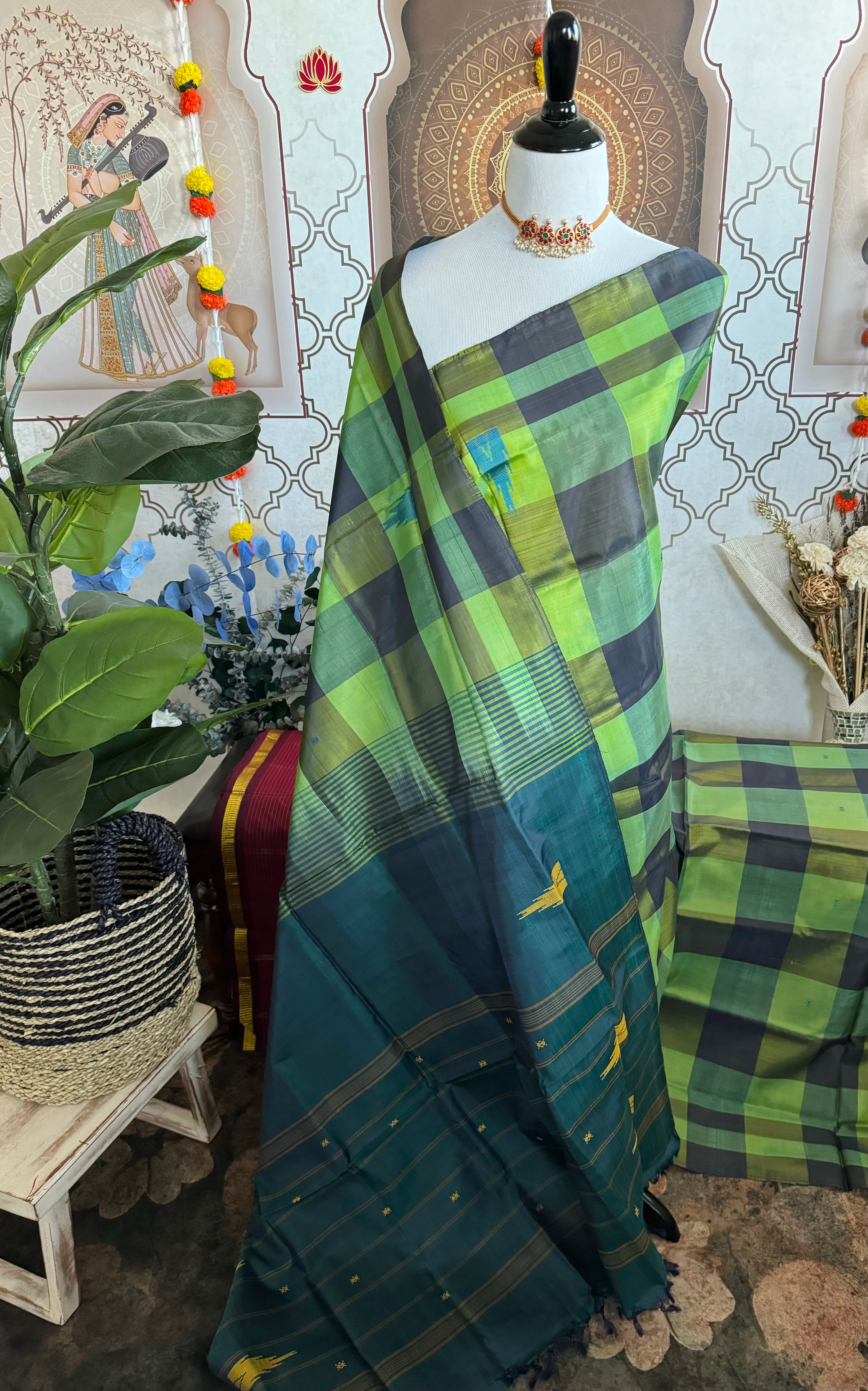 Vegan Silk Saree | No Zari | Borderless | No Blouse | Handwoven | Shades of Green | Ships from California