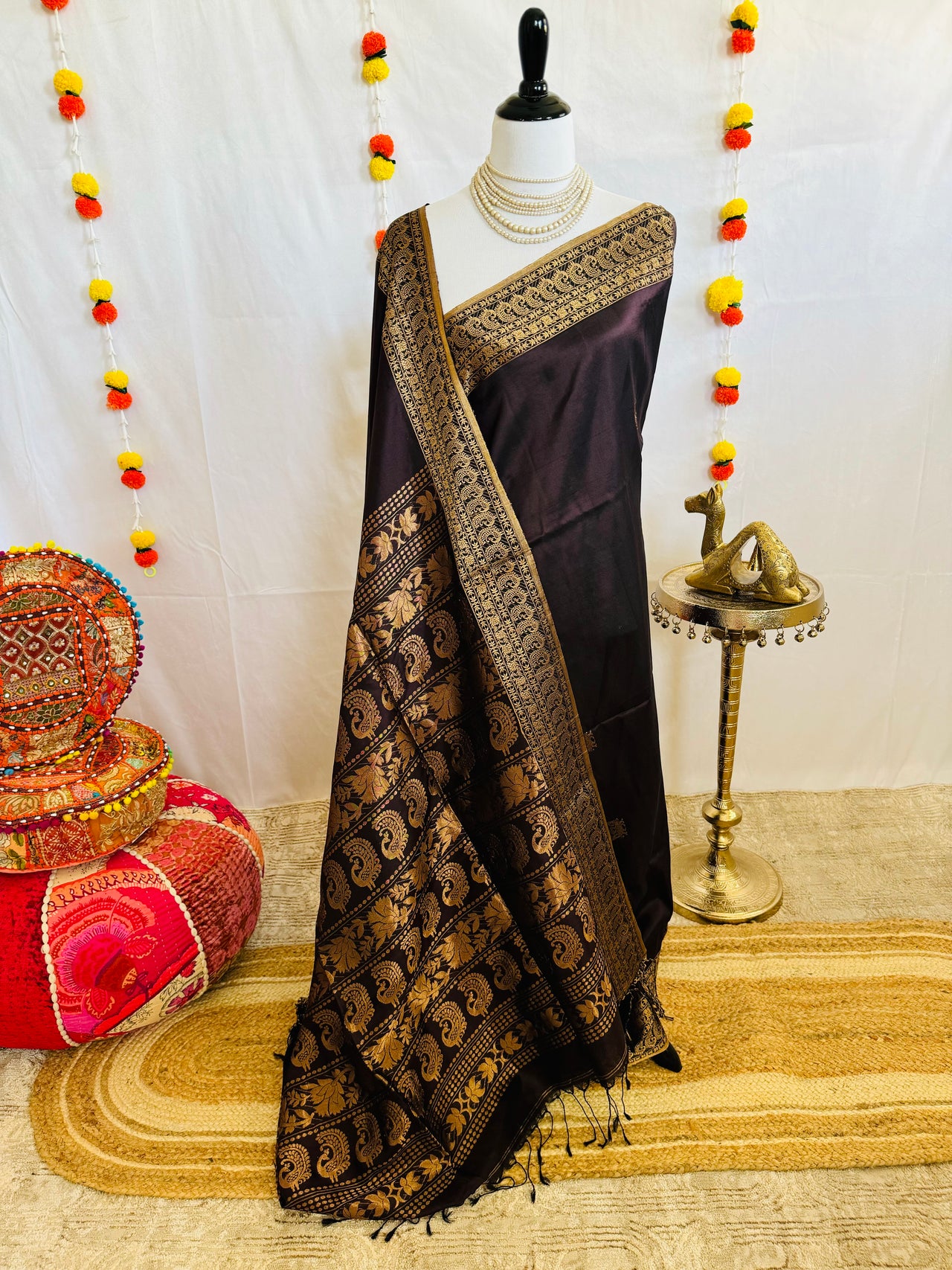 ShopNaya Exclusive | Pure Mulberry Silk Saree | Brown | Light Weight | Gold Zari | Handwoven | Ships from California | Anamniya