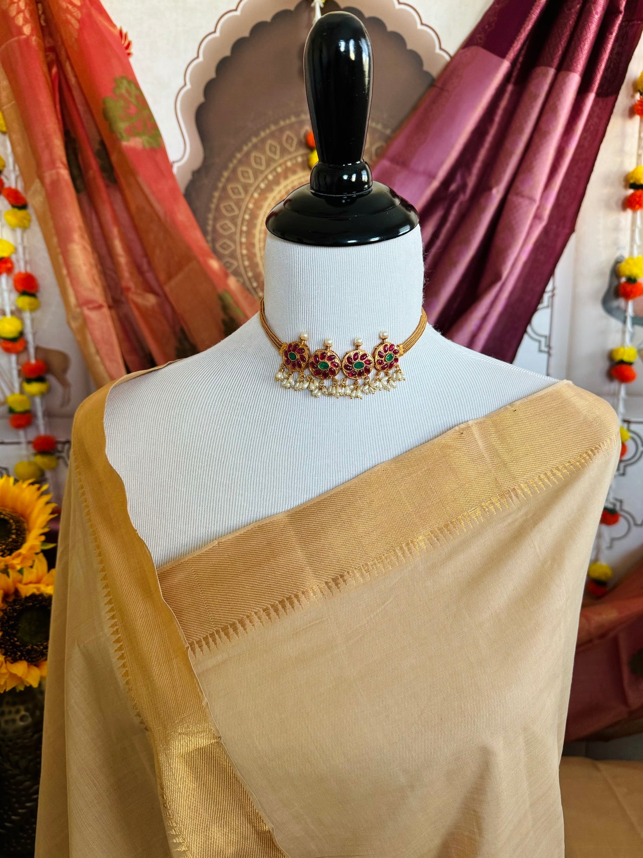 Handwoven Mangalgiri Cotton Saree | Beige | Gold Zari | Handwoven | Ships from California