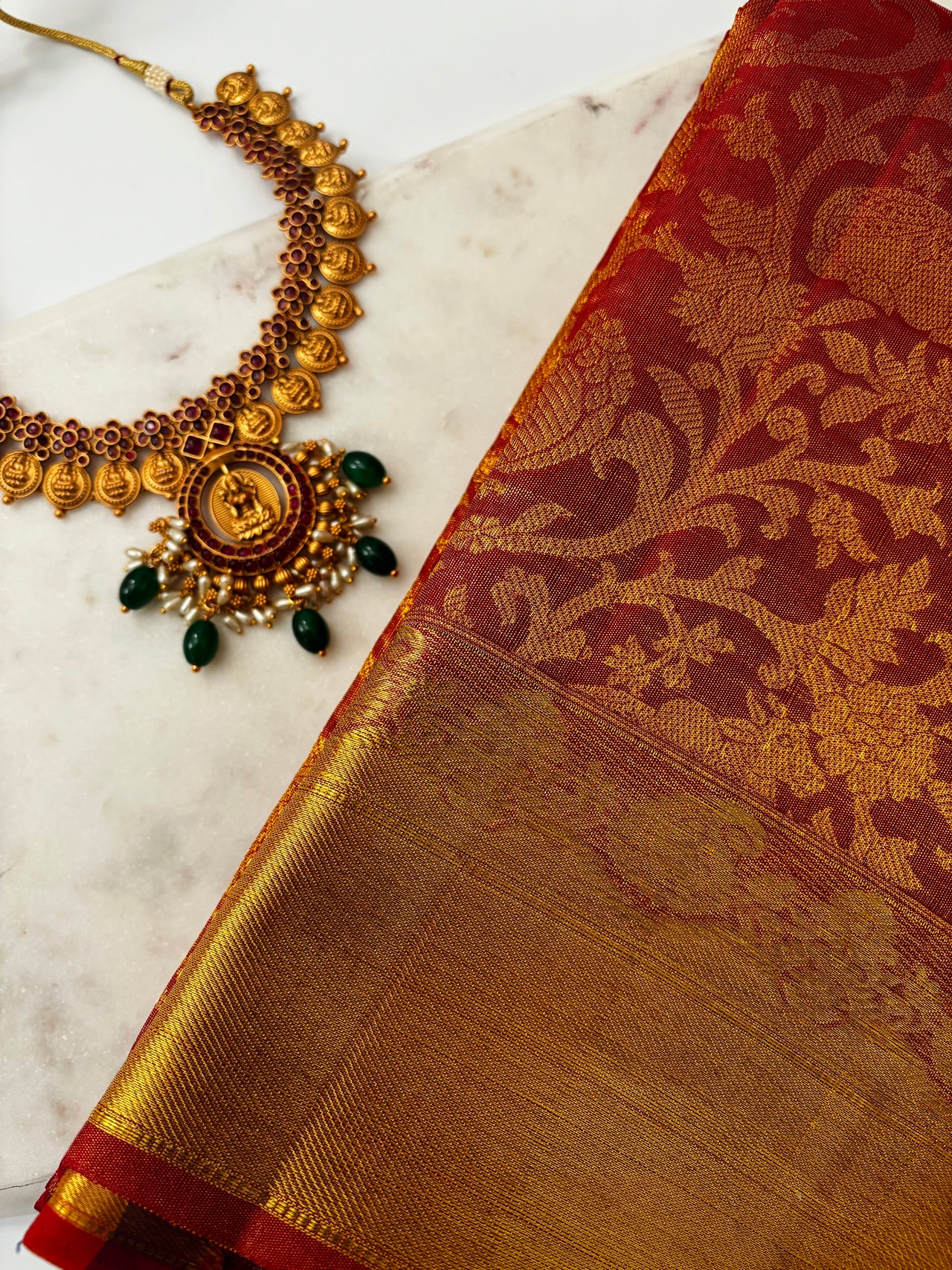 ShopNaya Exclusive | Metallic Brocade Kanchipuram Pure Silk Saree | Red | Pure Gold Zari | Handwoven | Ships from California