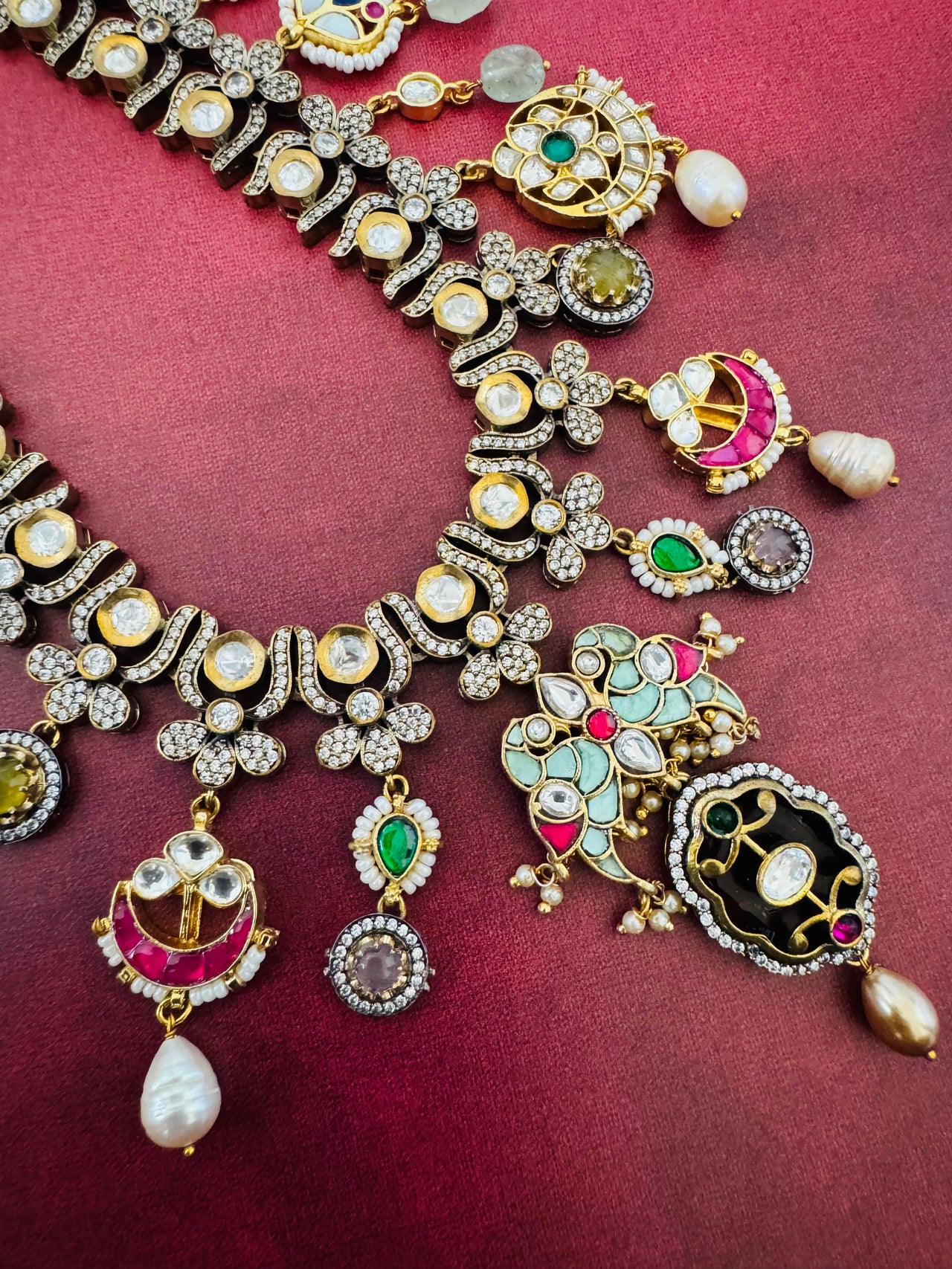 Victorian Polki Kundan Fusion Necklace Set | Semi-Precious Stones | Metal Work | Gold Plated | Free Shipping | Ships from California