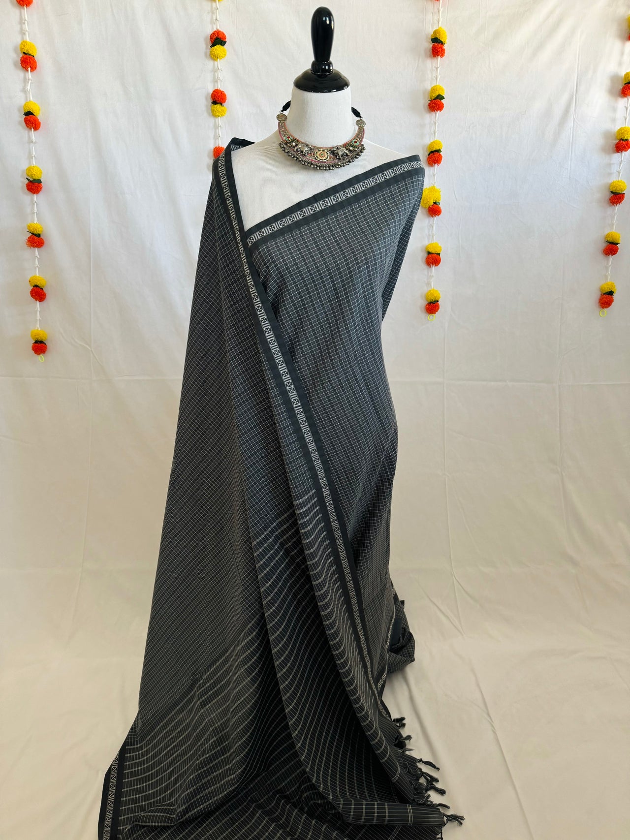 ShopNaya Exclusive | Handwoven | Pure Cotton Saree | No Blouse | Gray & Black | Ships from California