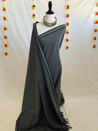 Thumbnail for ShopNaya Exclusive | Handwoven | Pure Cotton Saree | No Blouse | Gray & Black | Ships from California