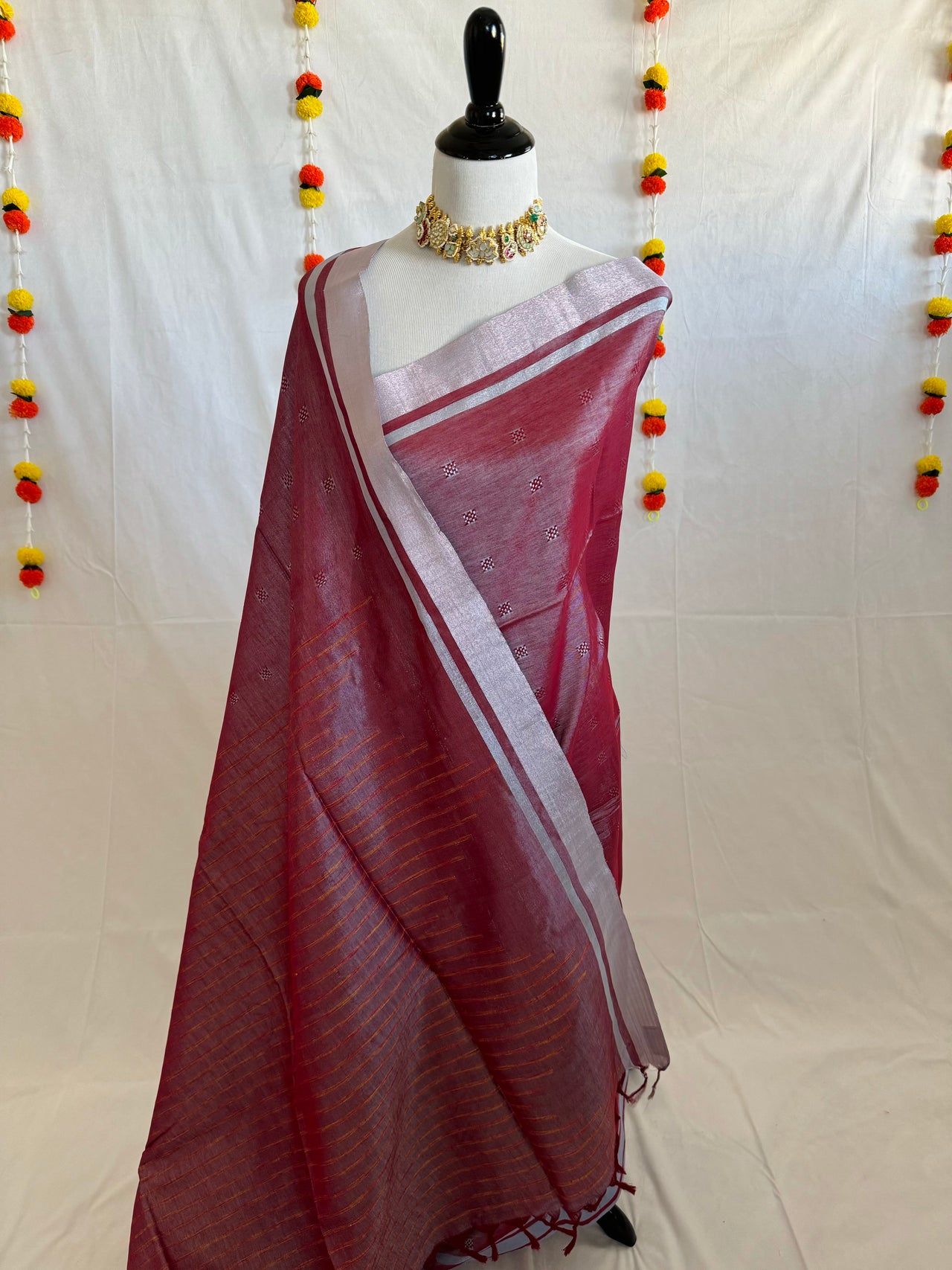 ShopNaya Exclusive | Handwoven | Cotton & Zari Mix Saree | Basket Weave | No Blouse | Metallic Reddish Pink | Silver Zari | Ships from California