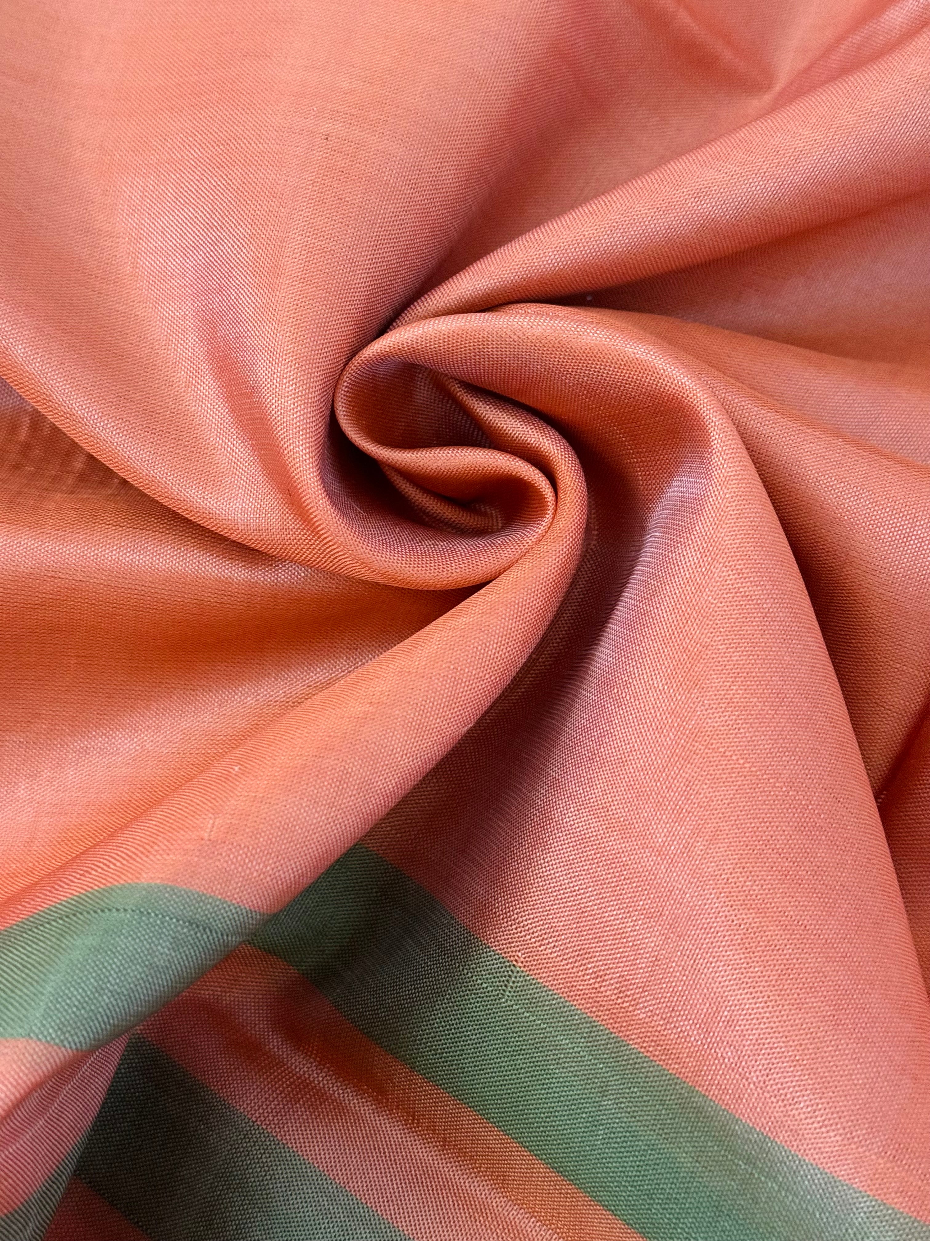 Vegan Silk Saree | No Zari | No Blouse | Handwoven | Orange & Sage Green | Ships from California