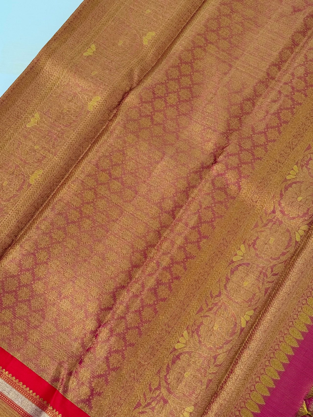 Exclusive Kanchivaram Tissue Silk Pure Zari Silk Saree | Metallic Pink & Gold | Brocade Pattern | Handwoven | Ships from California