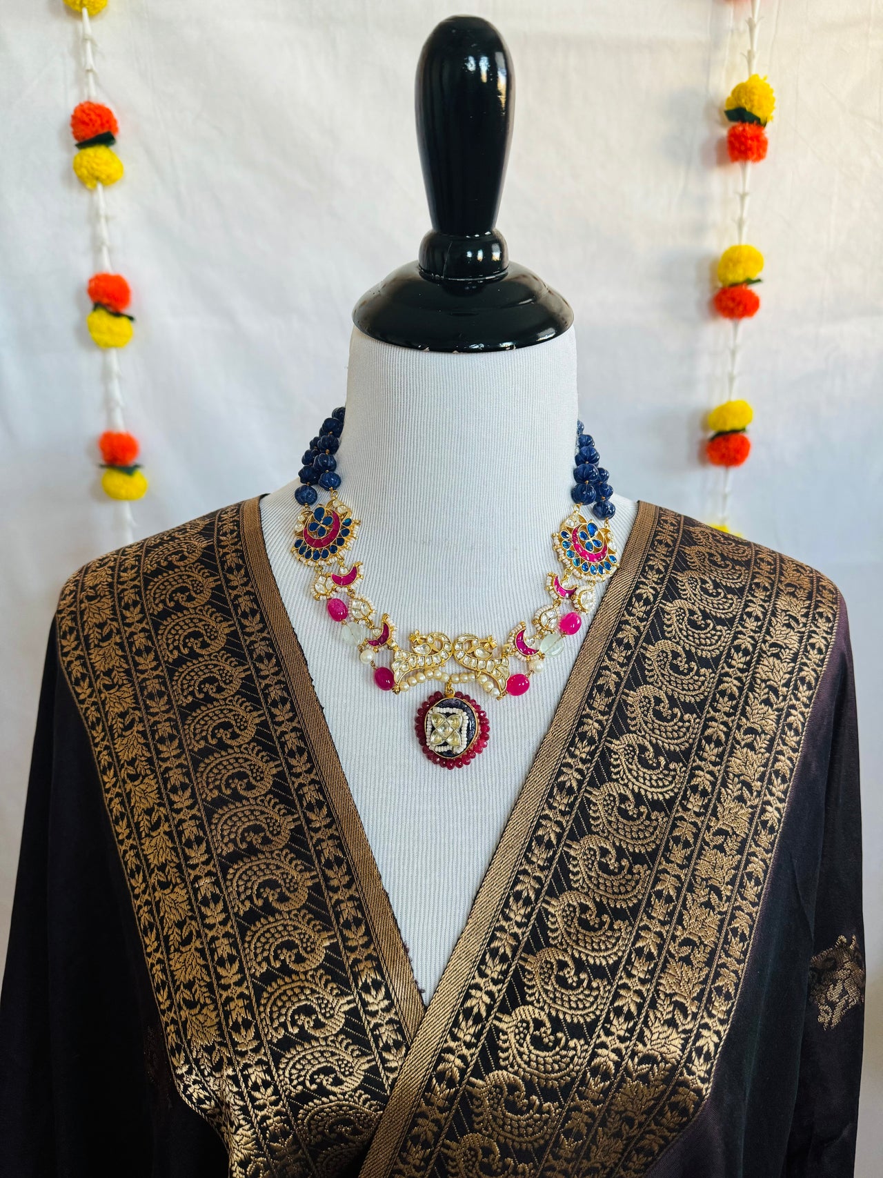 Ahmedabadi Kundan Necklace Set | Semi-Precious Stones | Brass Base | Gold Plated | Silver Foil | Free Shipping | Ships from California