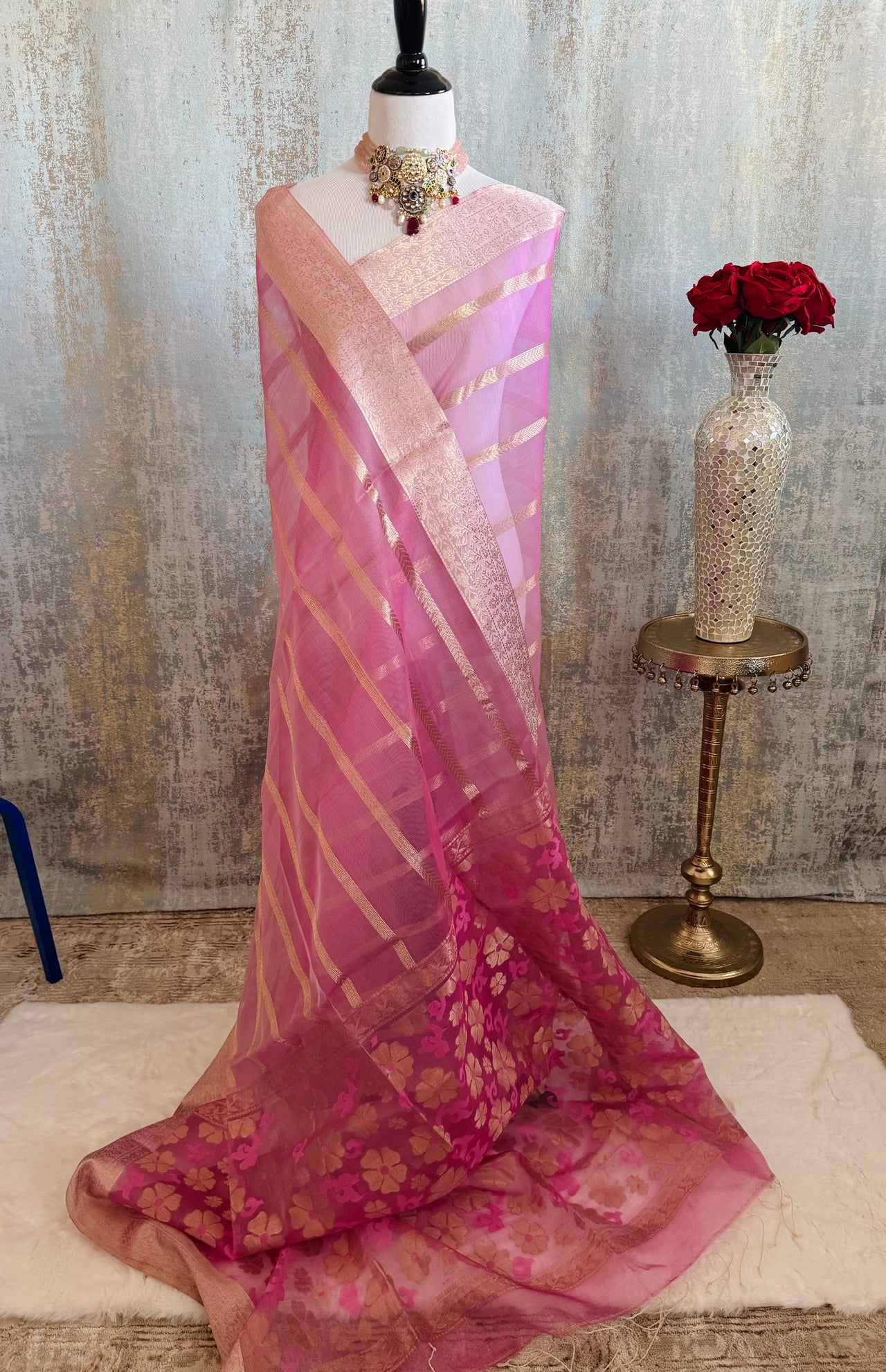 ShopNaya Exclusive | Handwoven | Silk Organza | Pink | Gold Zari | Ships from California