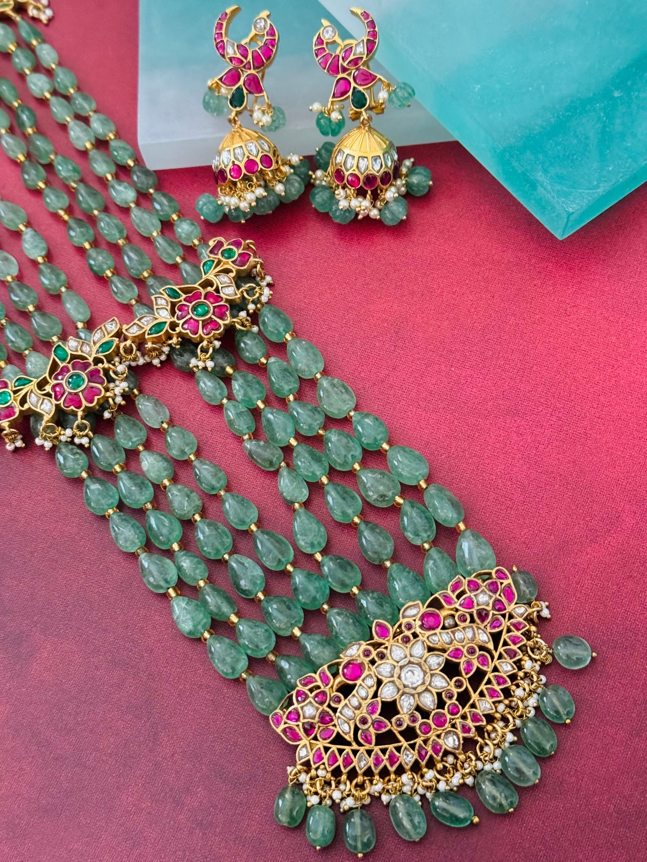 Jadau Kundan Long Chain Set | Real Kemp Stones | Oval Natural Green Glass Beads | Gold Polish | Free Shipping | Ships from California