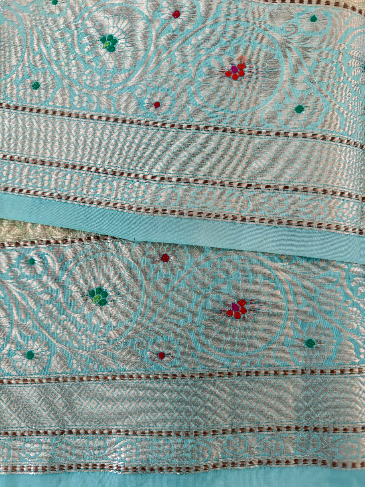 Rangkat Cotton Silk Meenakari Saree from Banaras | Hand Painted | Handwoven | Sky Blue & Green | Gold Zari | Ships from California