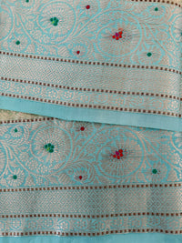 Thumbnail for Rangkat Cotton Silk Meenakari Saree from Banaras | Hand Painted | Handwoven | Sky Blue & Green | Gold Zari | Ships from California