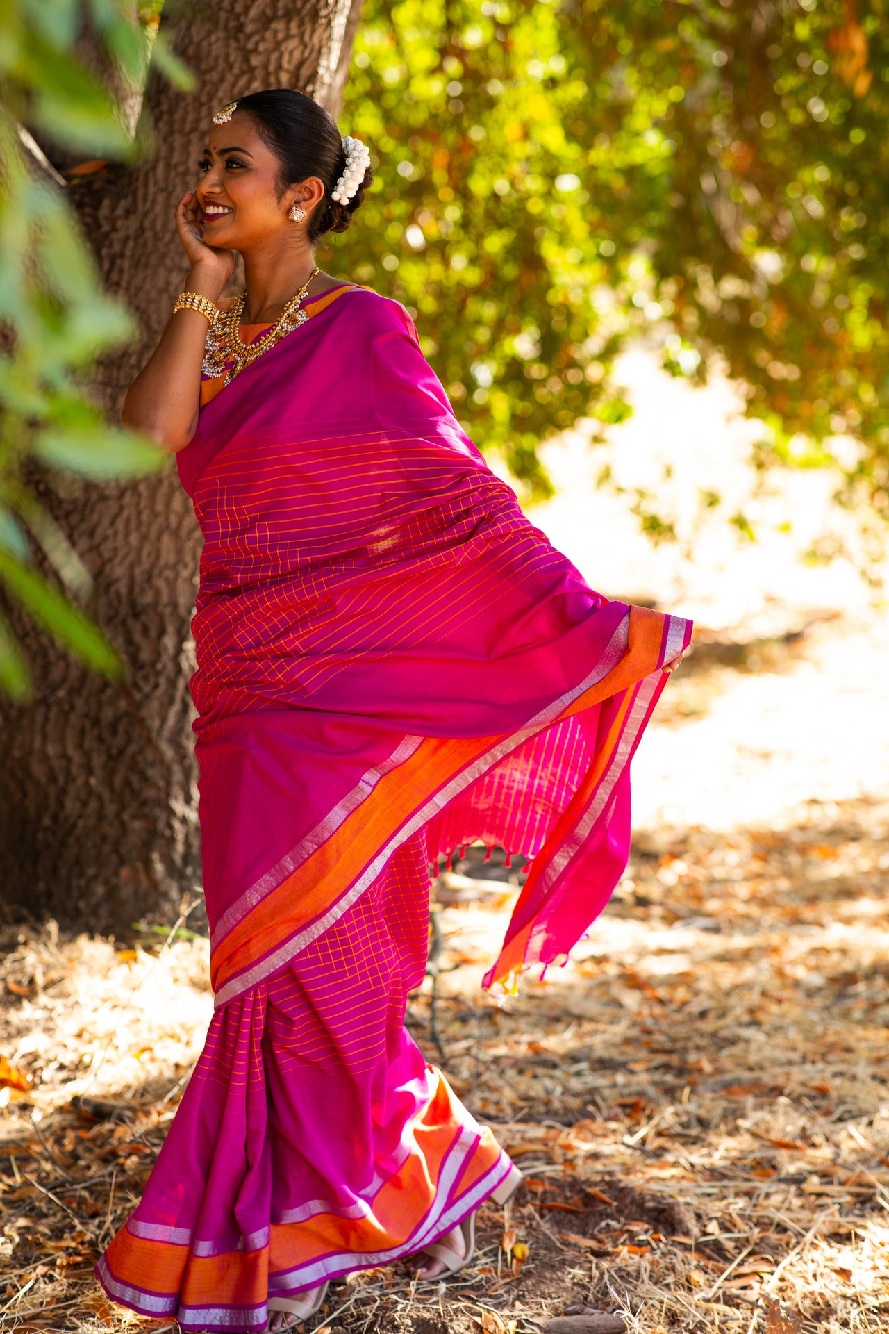 ShopNaya Exclusive | Handwoven | Pure Cotton Saree | Jamdani Weave | No Blouse | Pink | Gold Zari | Ships from California