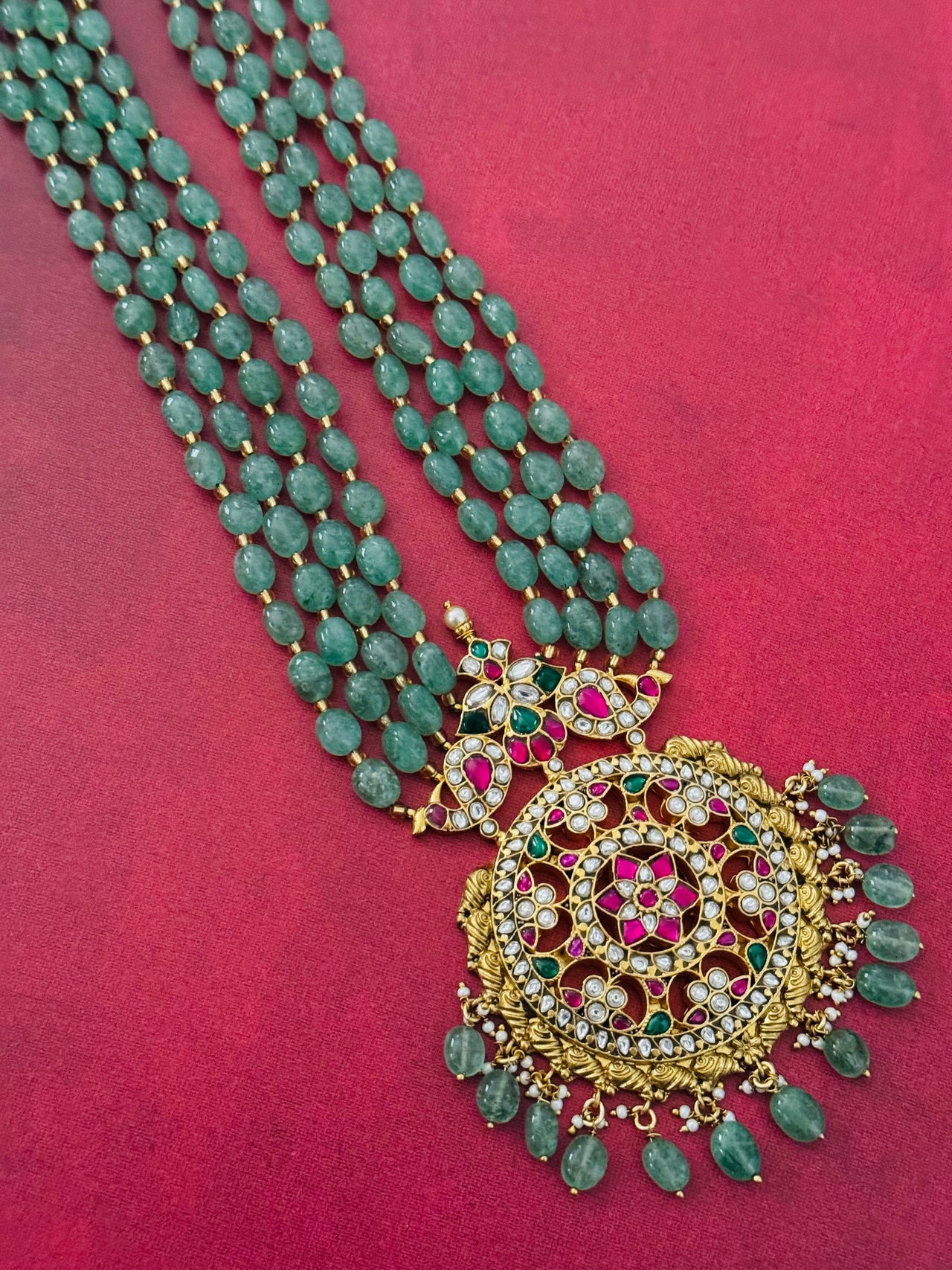 Jadau Kundan Long Chain Set | Real Kemp Stones | Oval Natural Green Glass Beads | Gold Polish | Free Shipping | Ships from California