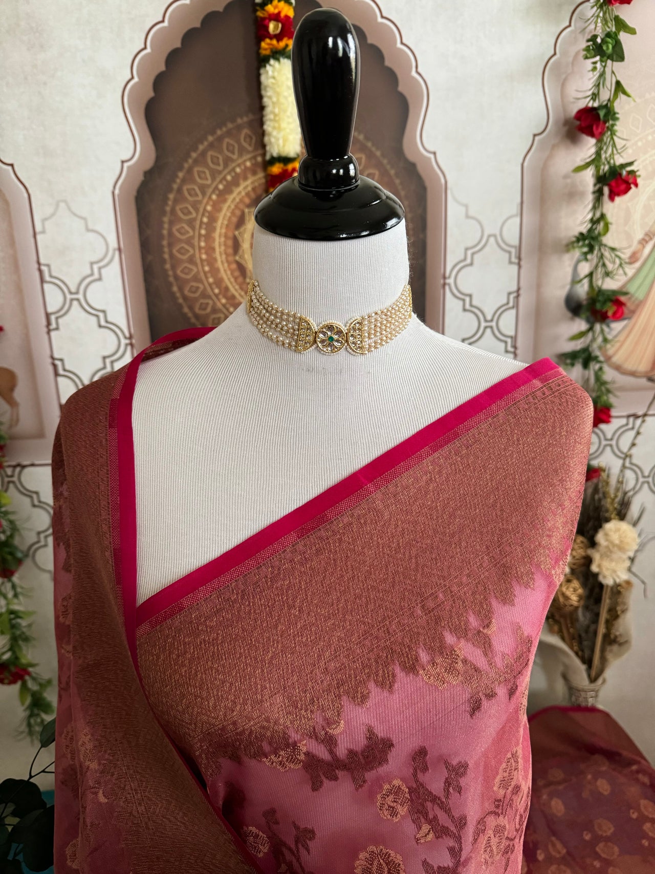 Tissue Silk and Tussar Silk Saree | Antique Zari | Onion Pink | Handwoven | Ships from California