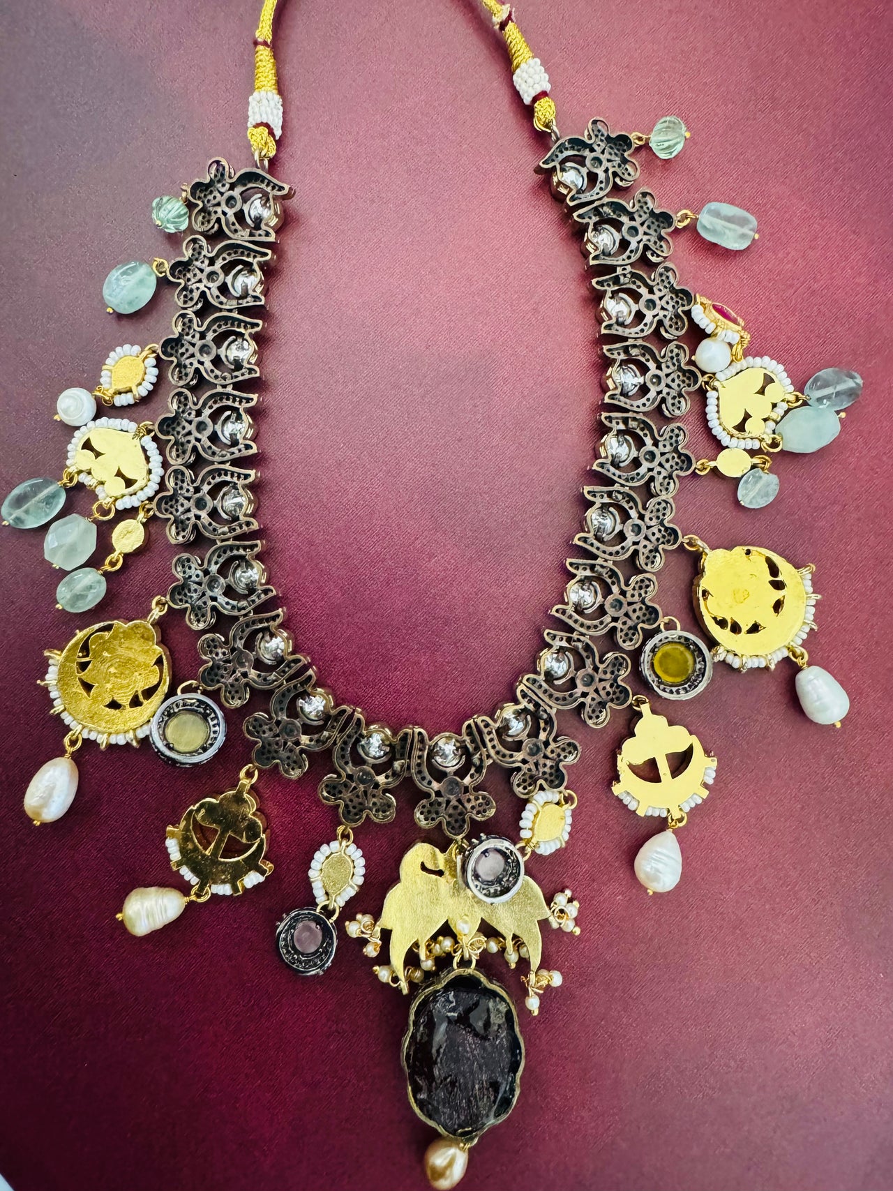 Victorian Polki Kundan Fusion Necklace Set | Semi-Precious Stones | Metal Work | Gold Plated | Free Shipping | Ships from California