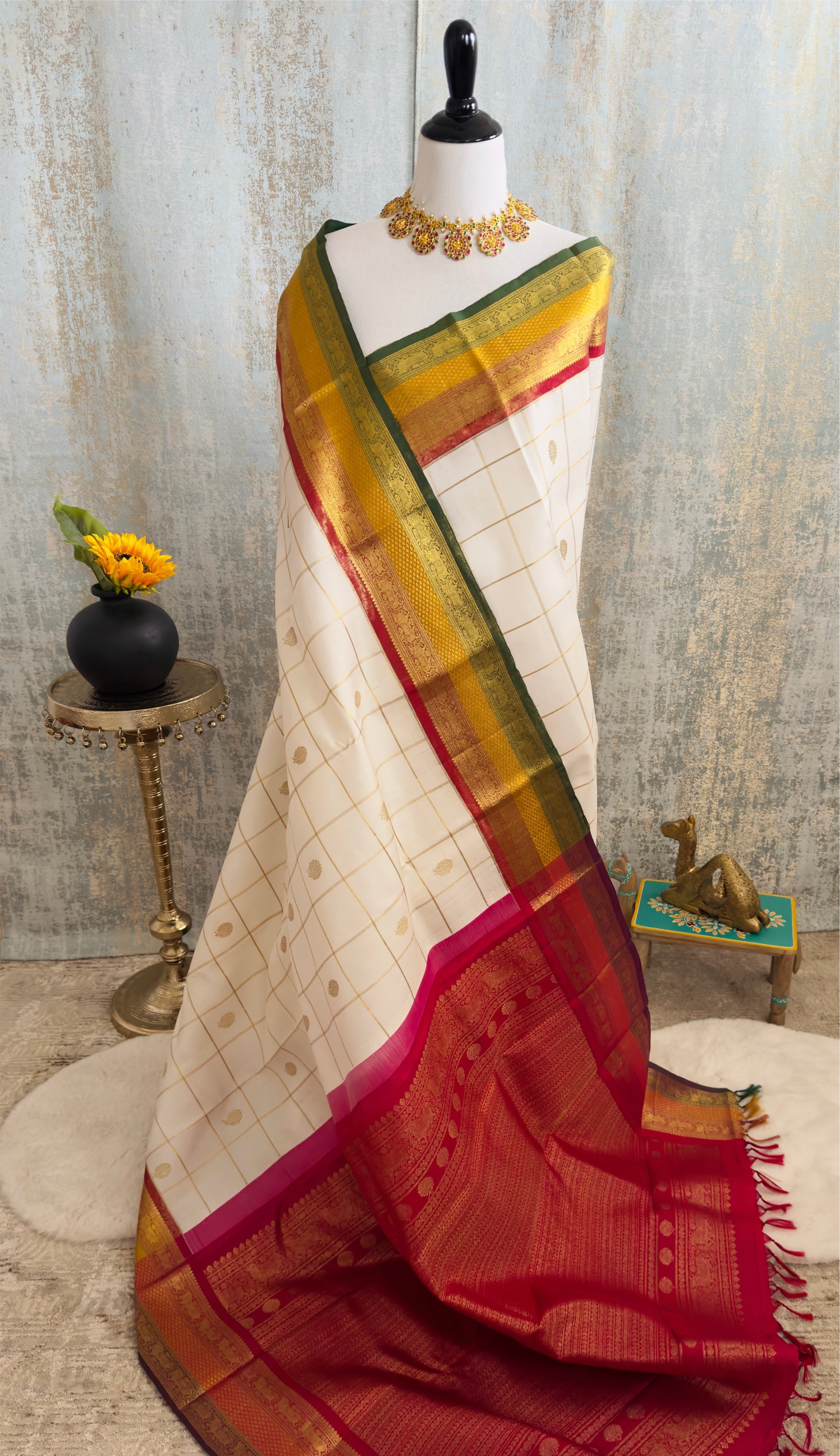 Exclusive Kanchivaram Korvai Pure Silk Pure Zari Silk Saree | Contrast Tissue Border | Off-White | Handwoven | Ships from California