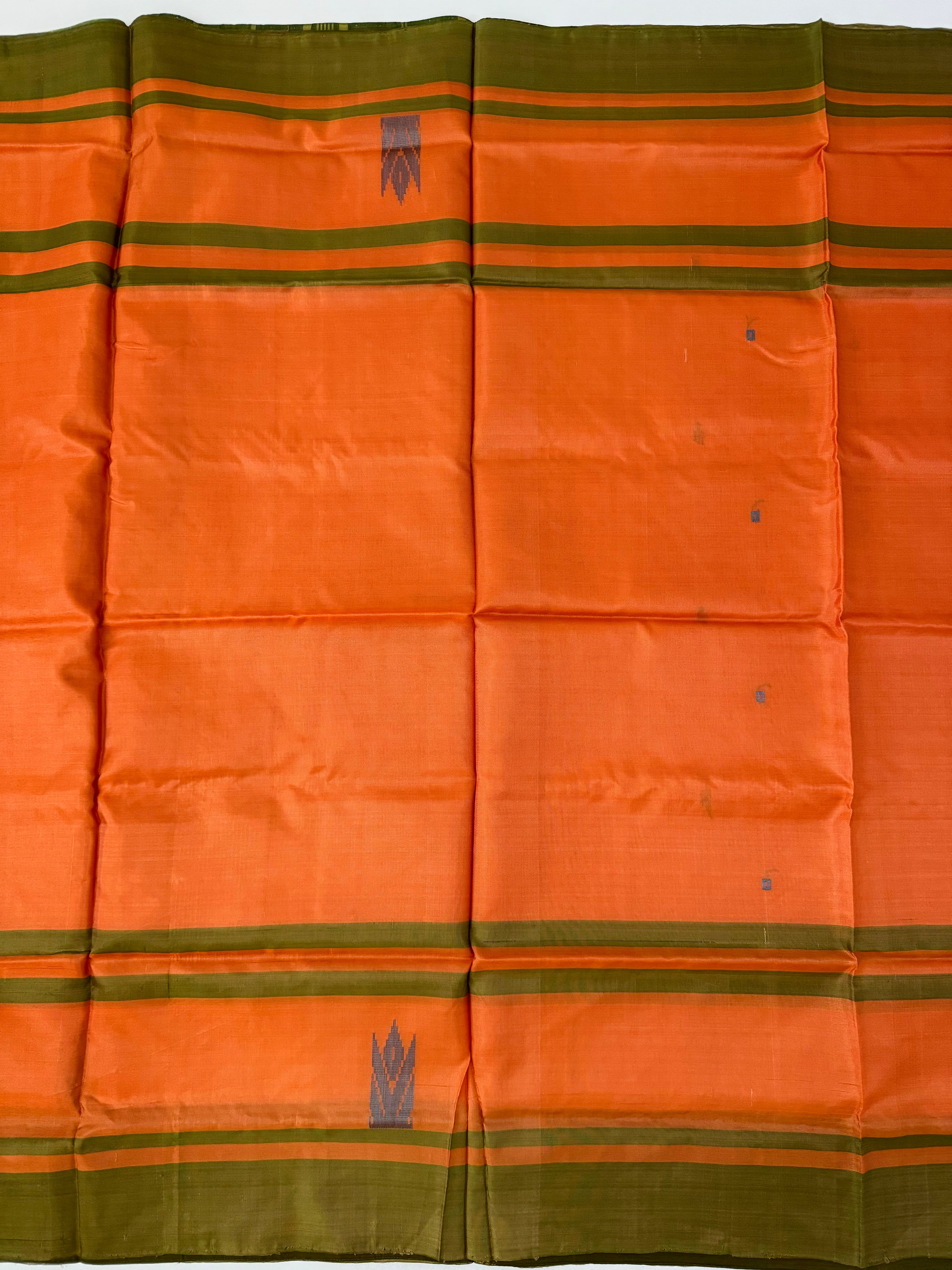 Vegan Silk Saree | No Zari | No Blouse | Handwoven | Orange & Sage Green | Ships from California