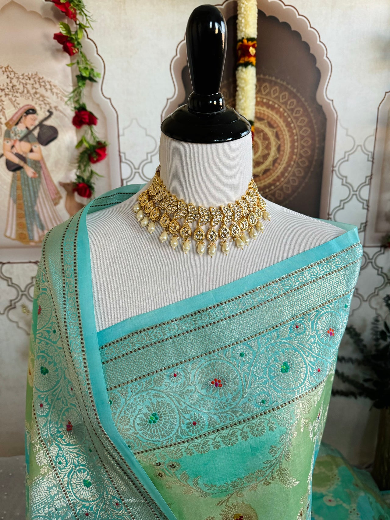 Rangkat Cotton Silk Meenakari Saree from Banaras | Hand Painted | Handwoven | Sky Blue & Green | Gold Zari | Ships from California