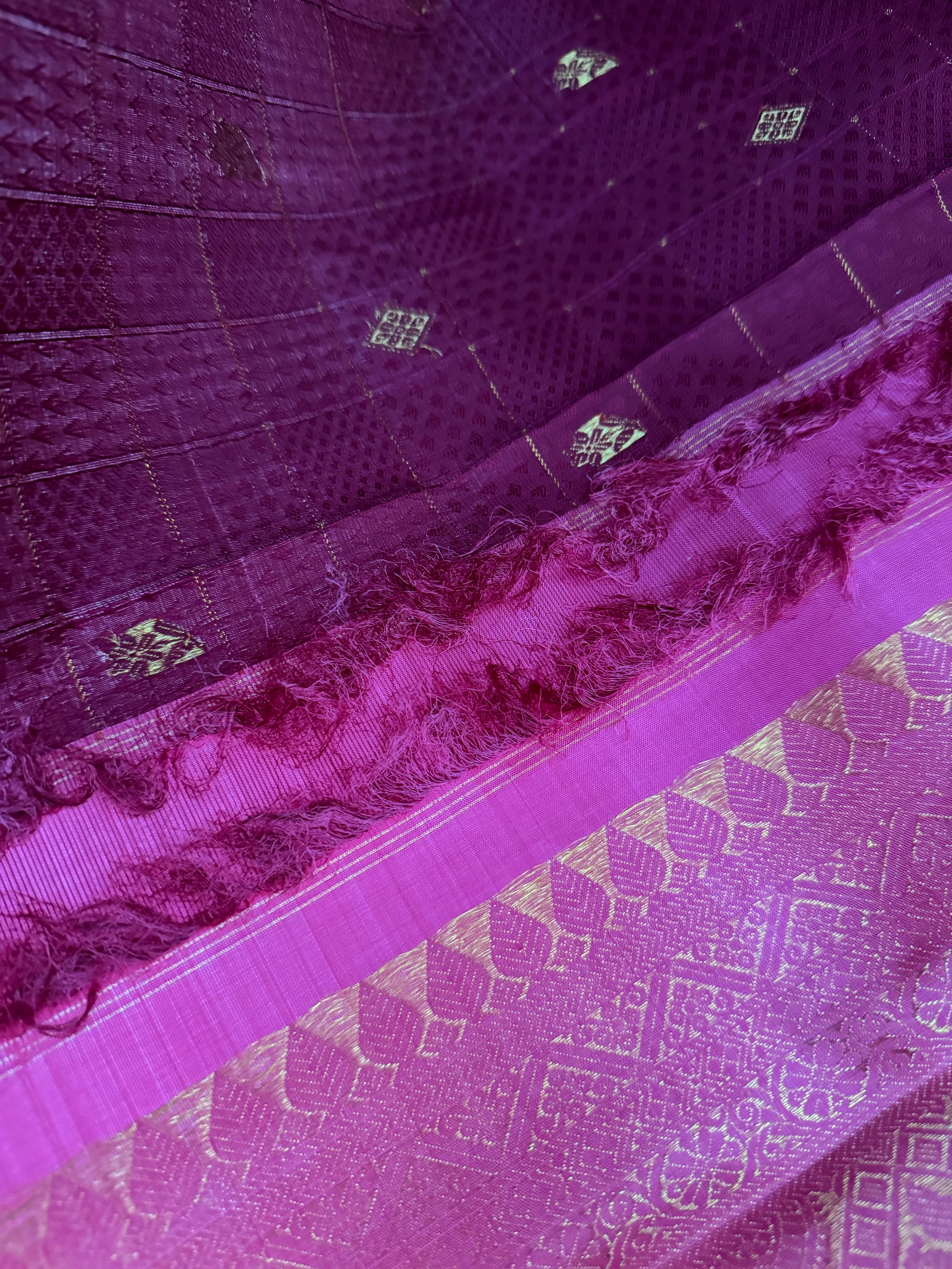 Exclusive Kanchivaram Korvai Pure Silk Pure Zari Silk Saree | Wine & Pink | Gold Zari | Handwoven | Ships from California