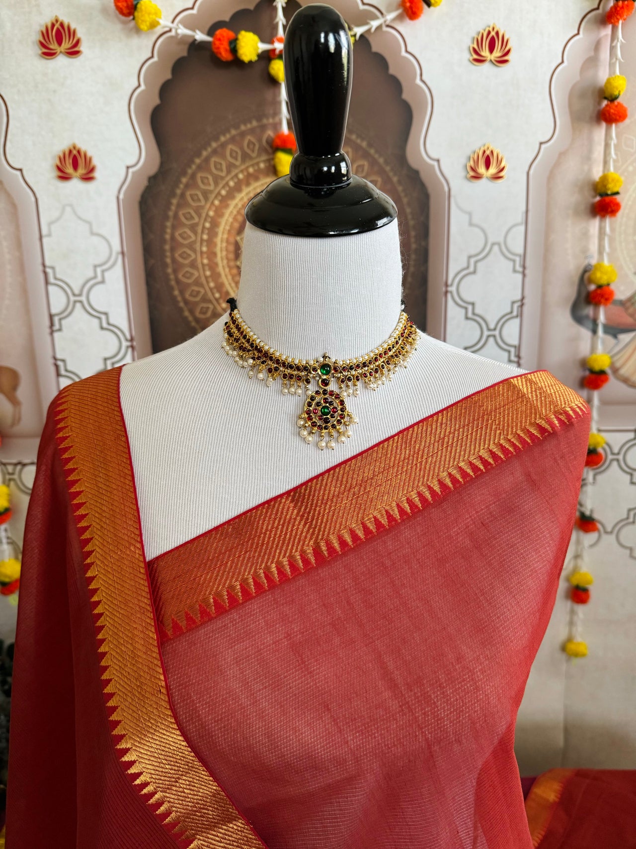 Handwoven Mangalgiri Cotton Saree | Brick Red | Gold Zari | Handwoven | Ships from California